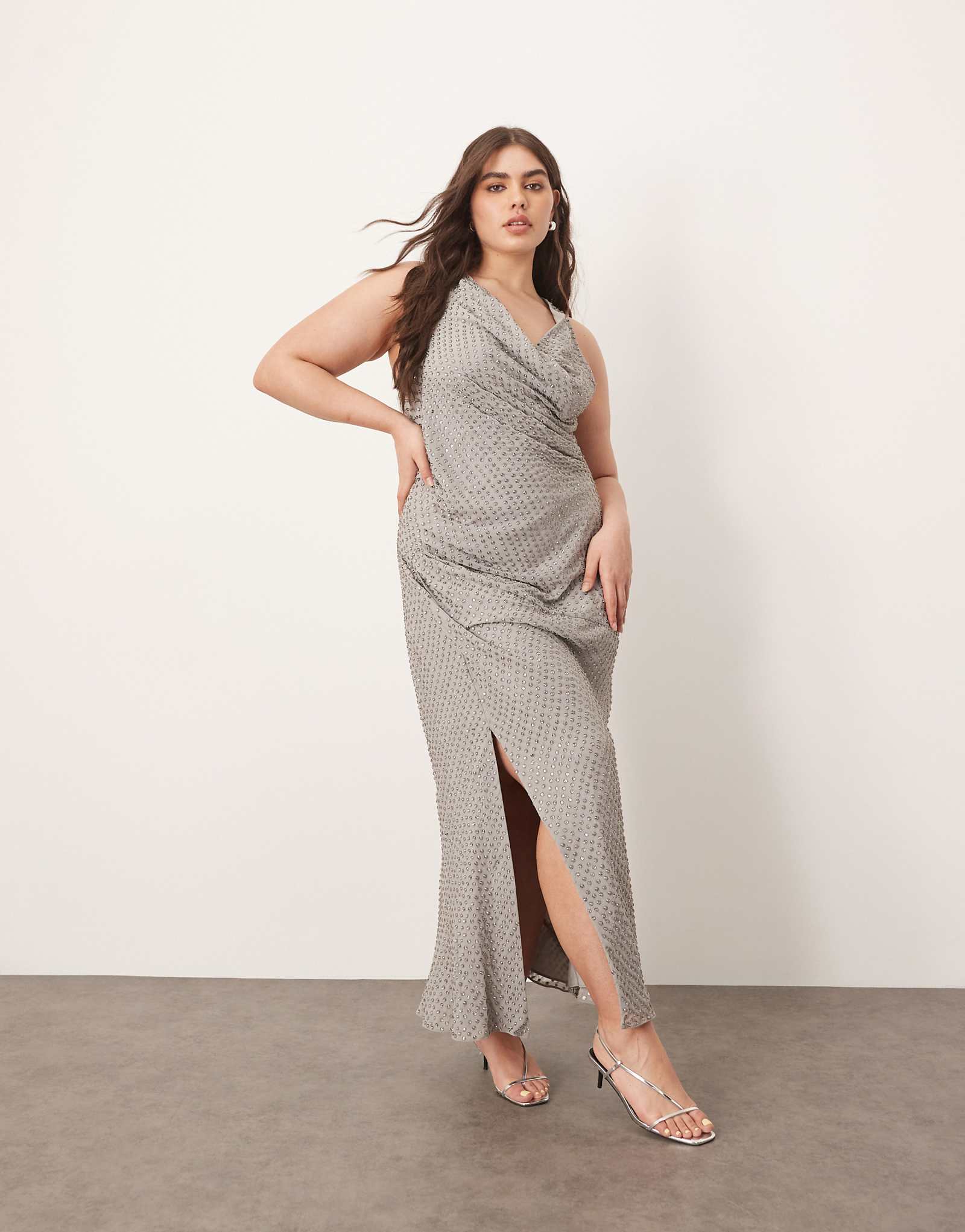 ARRANGE Curve embellished crystal drape maxi dress with twist detail in silver gray 19690₽