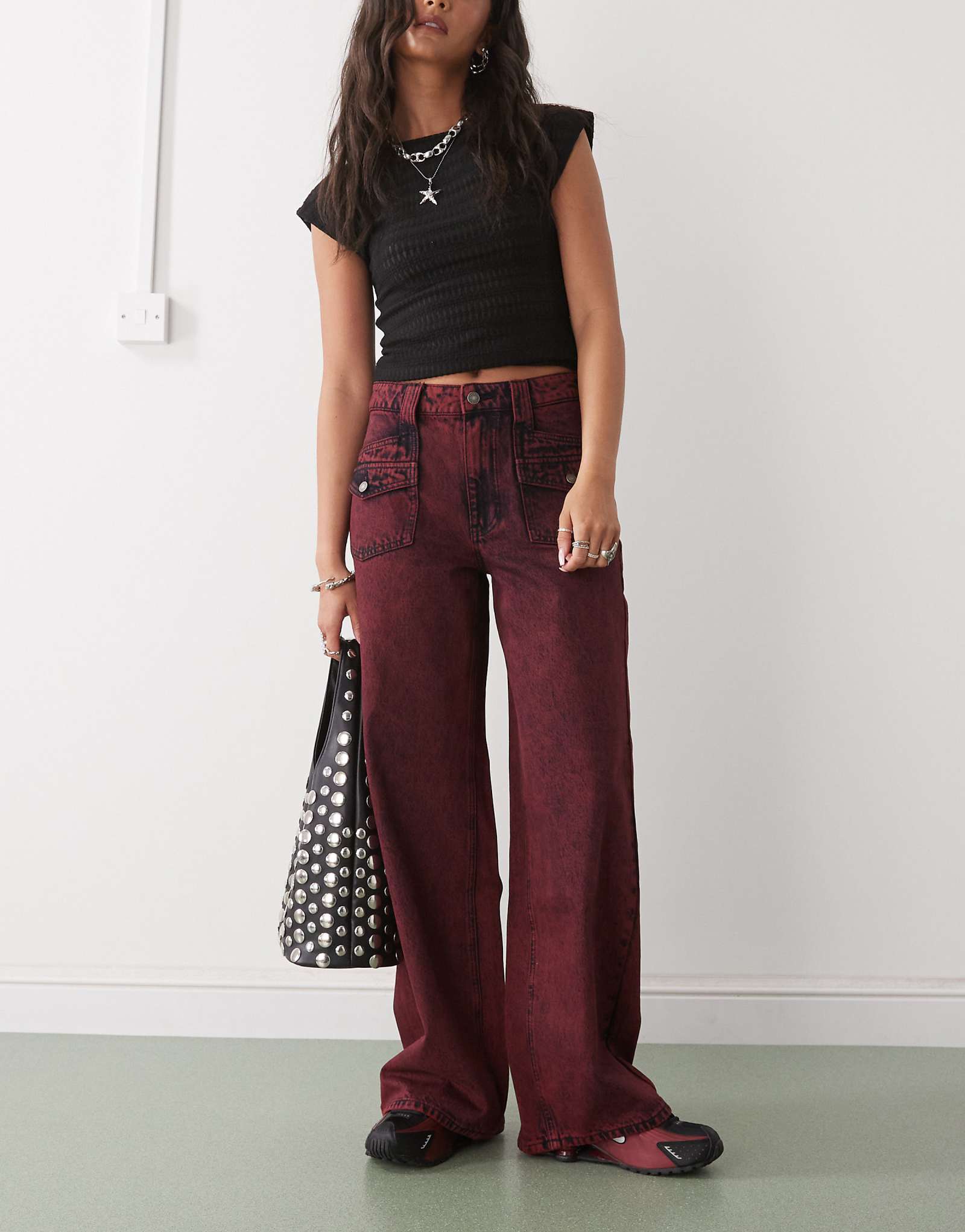 Guess Originals carpenter denim jeans in maroon acid wash with double patch pocket