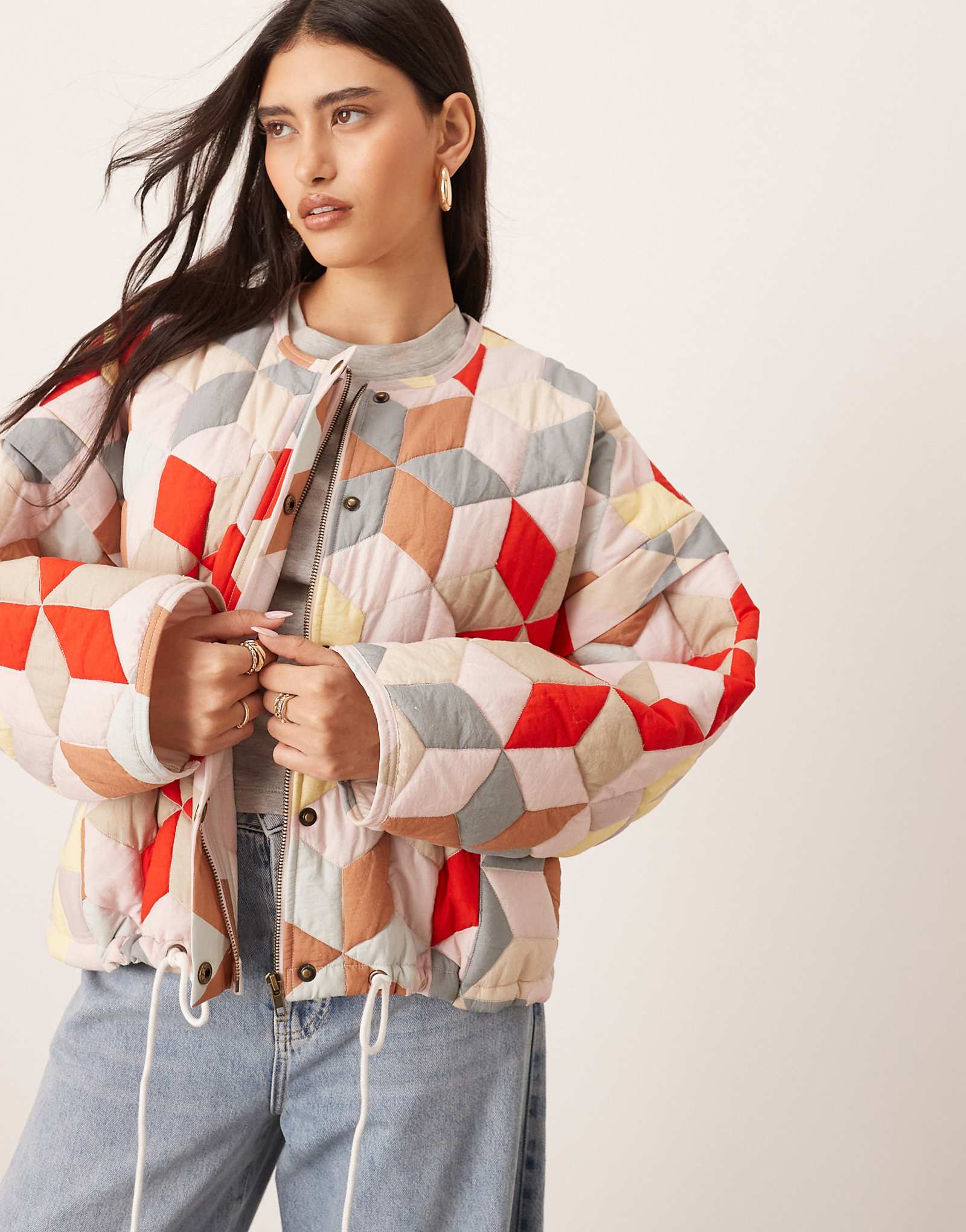 ARRANGE quilted bomber jacket in washed patchwork print