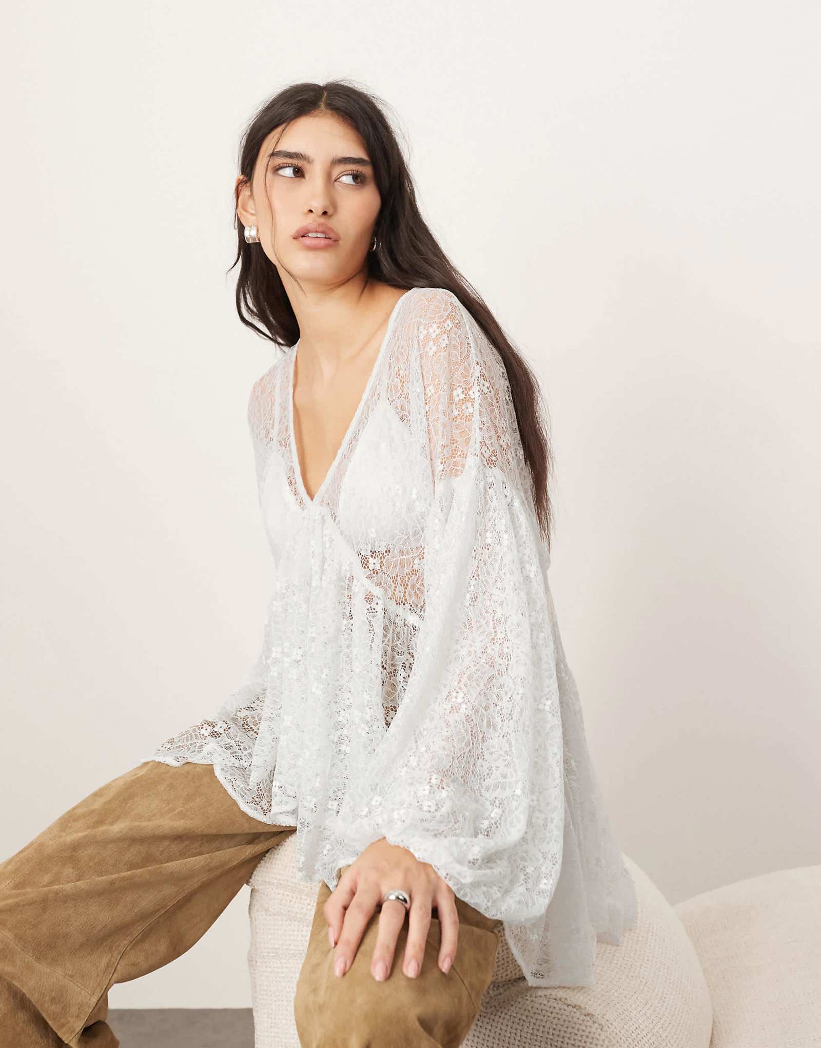 ARRANGE sheer delicate lace volume blouse in light blue