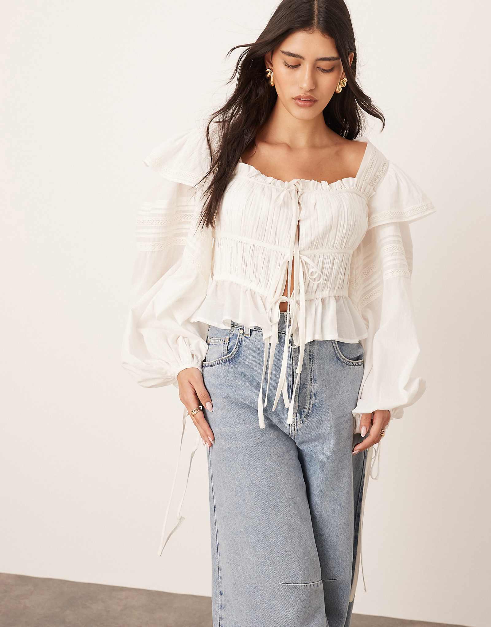 ARRANGE cotton voile lace trim blouse with tie front in white