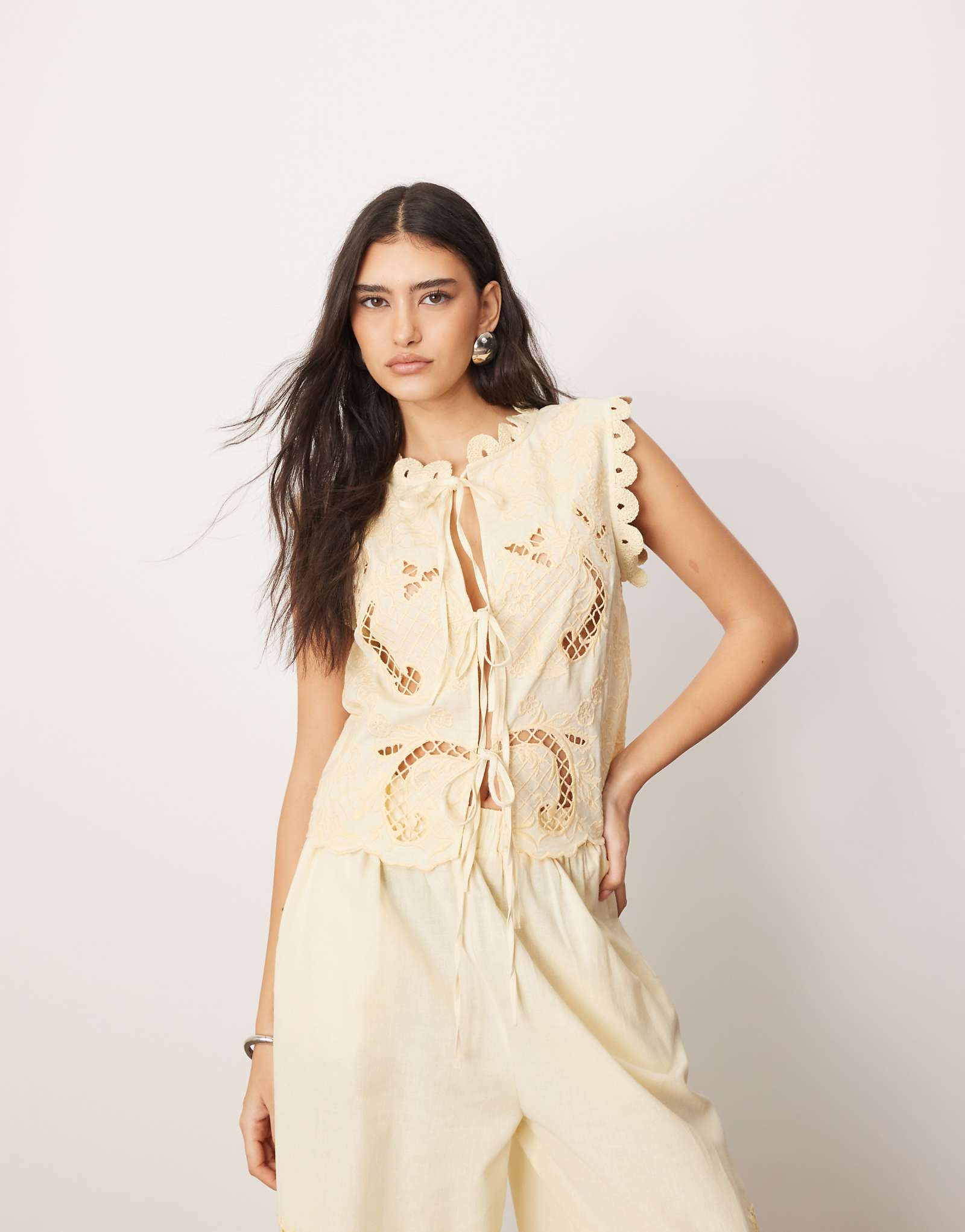 ARRANGE cotton embroidered cutwork tie front top in lemon - part of a set