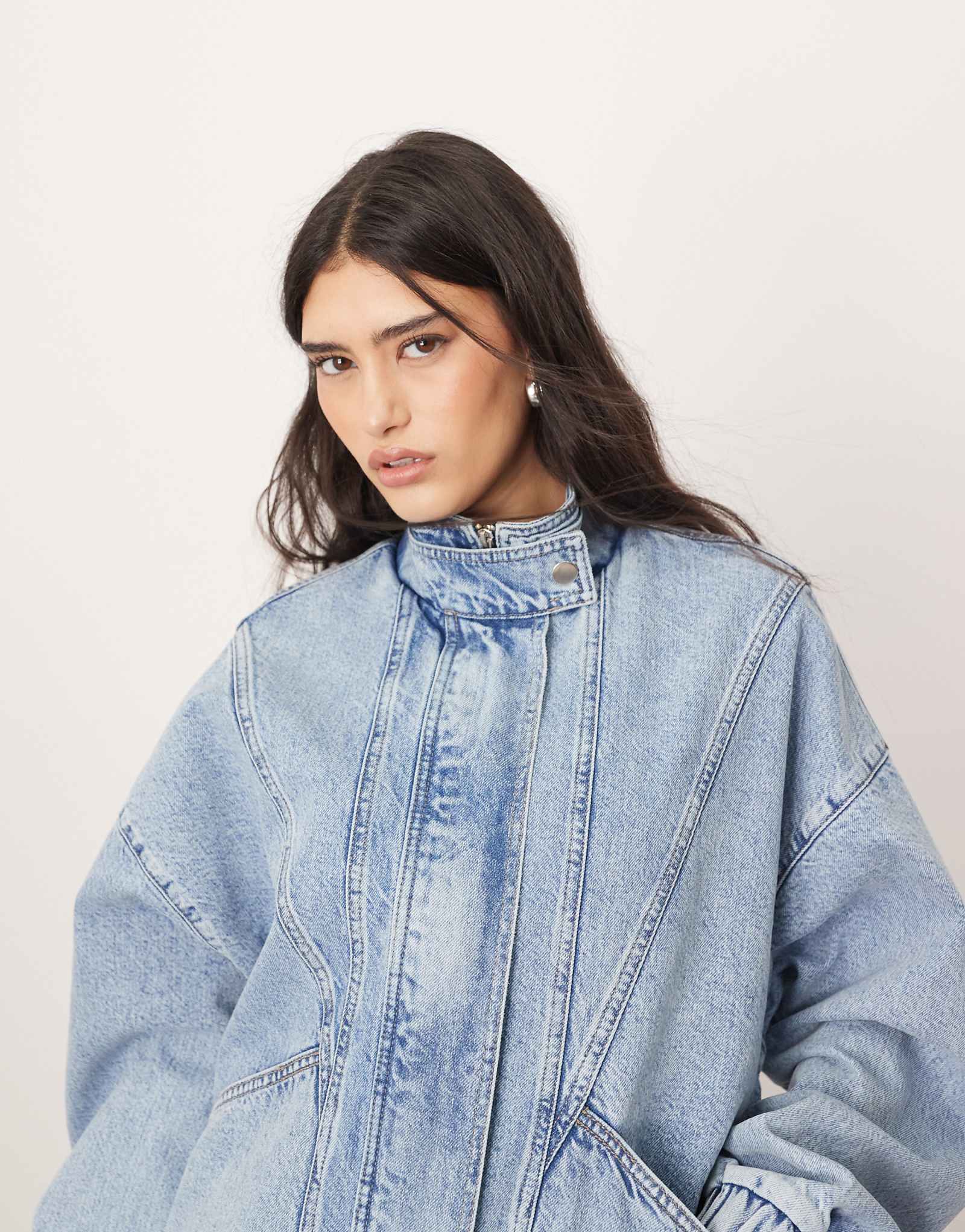 ARRANGE denim bomber jacket with seam detail in 90's light wash blue