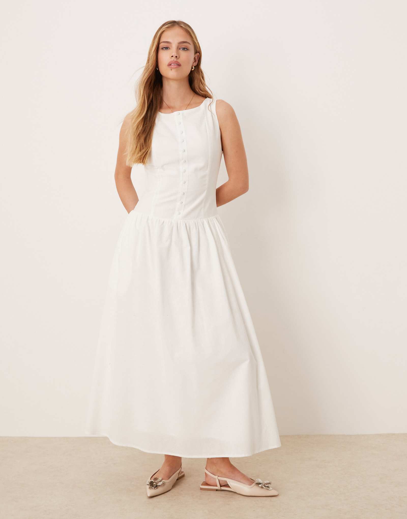 Kiss The Sky drop waist vest maxi dress in off white