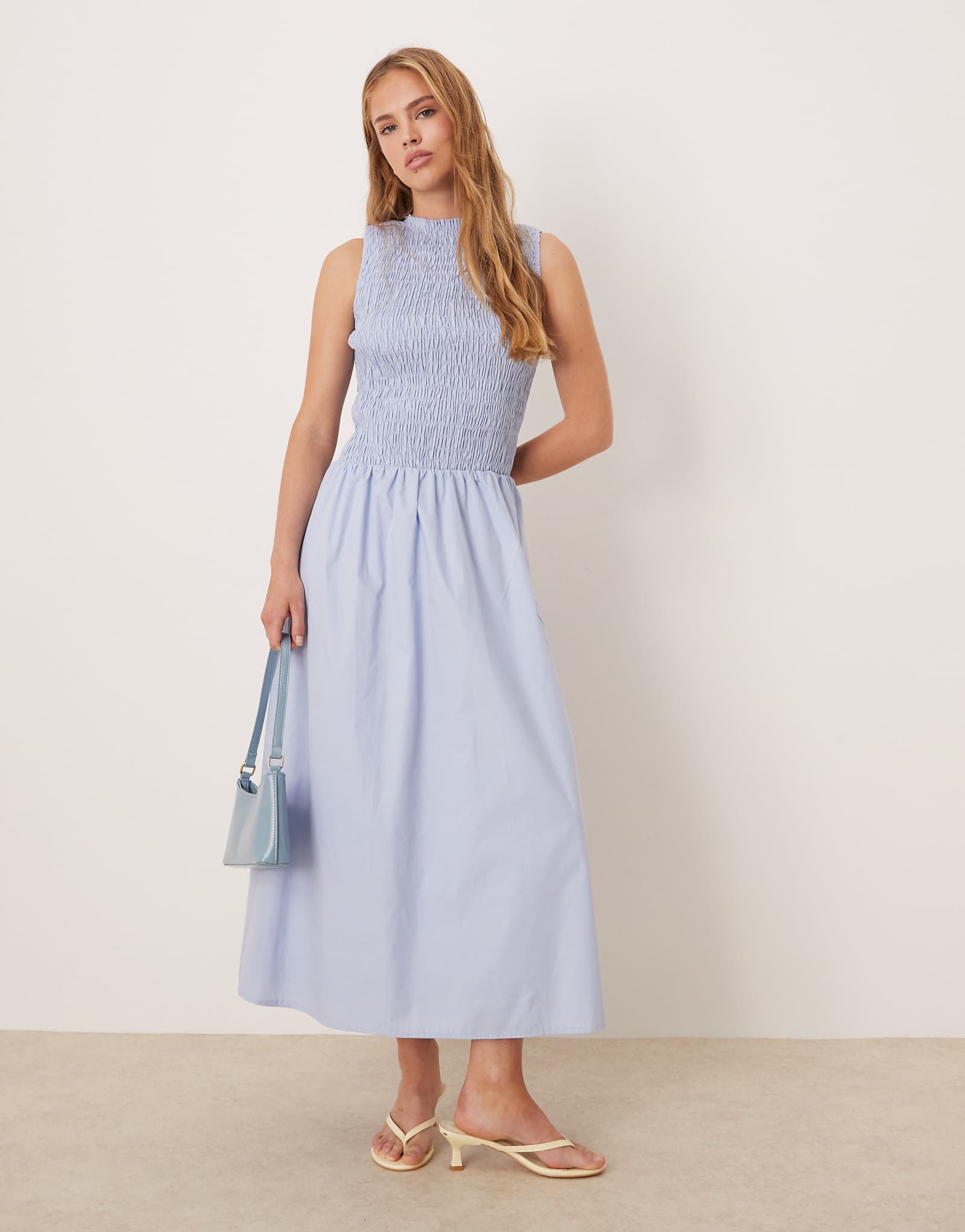 Kiss The Sky shirred drop waist midi dress in sky blue