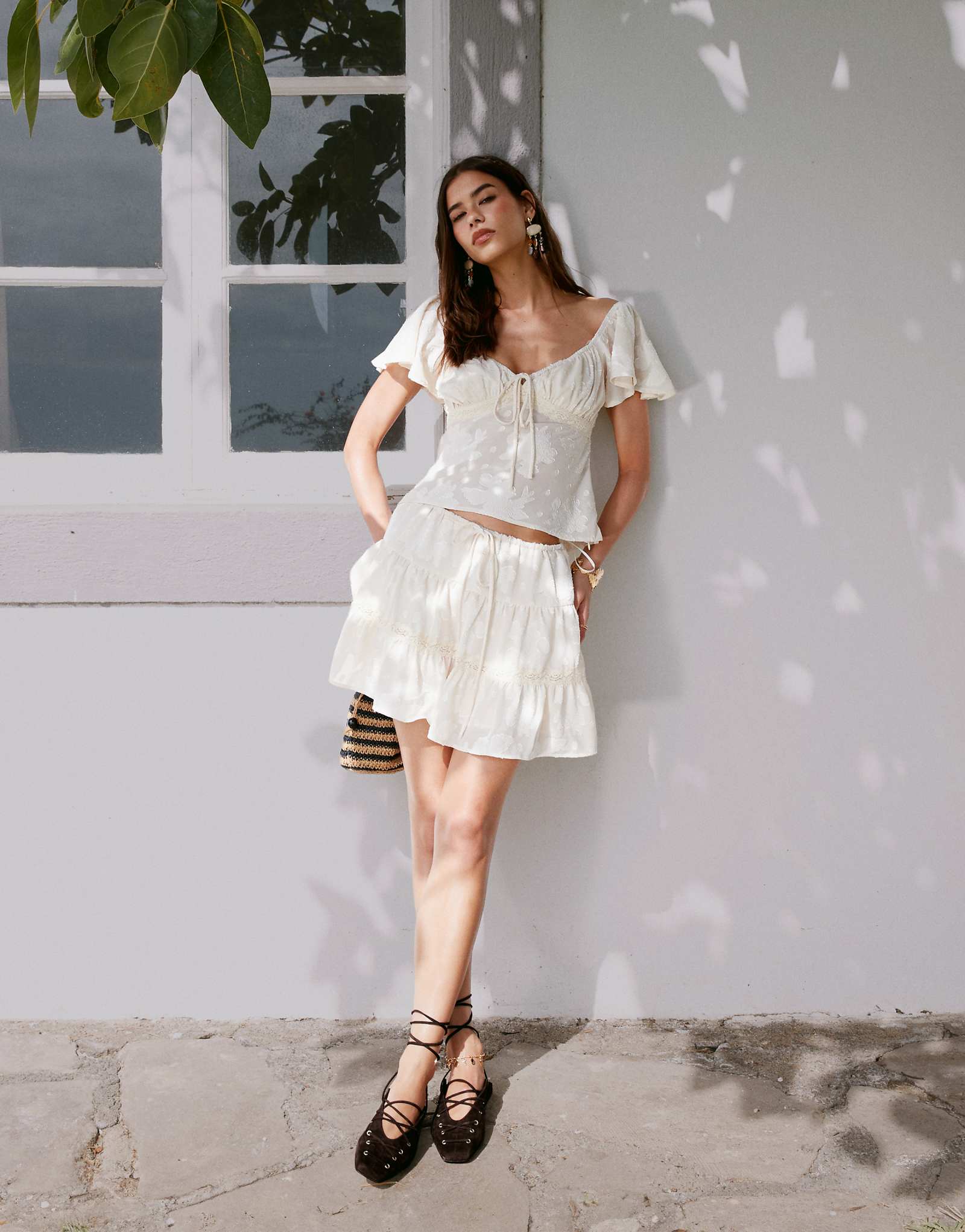 Kiss The Sky jacquard cami top with lace trim in cream