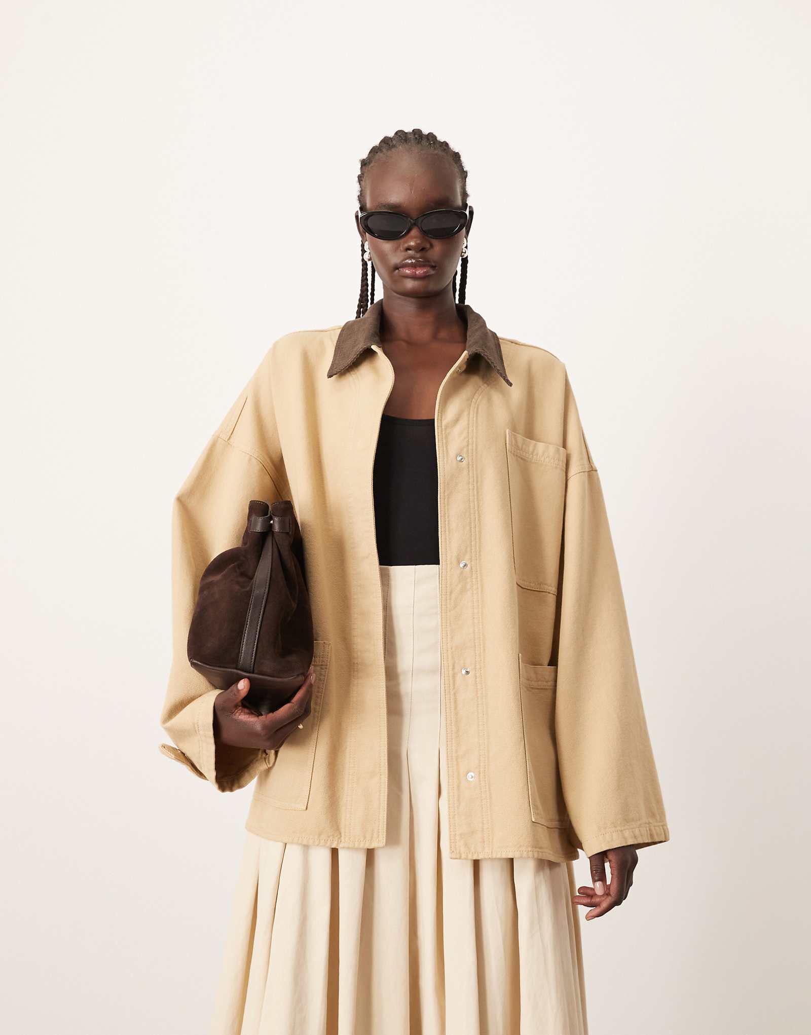 ARRANGE canvas oversized shacket with corduroy collar in camel