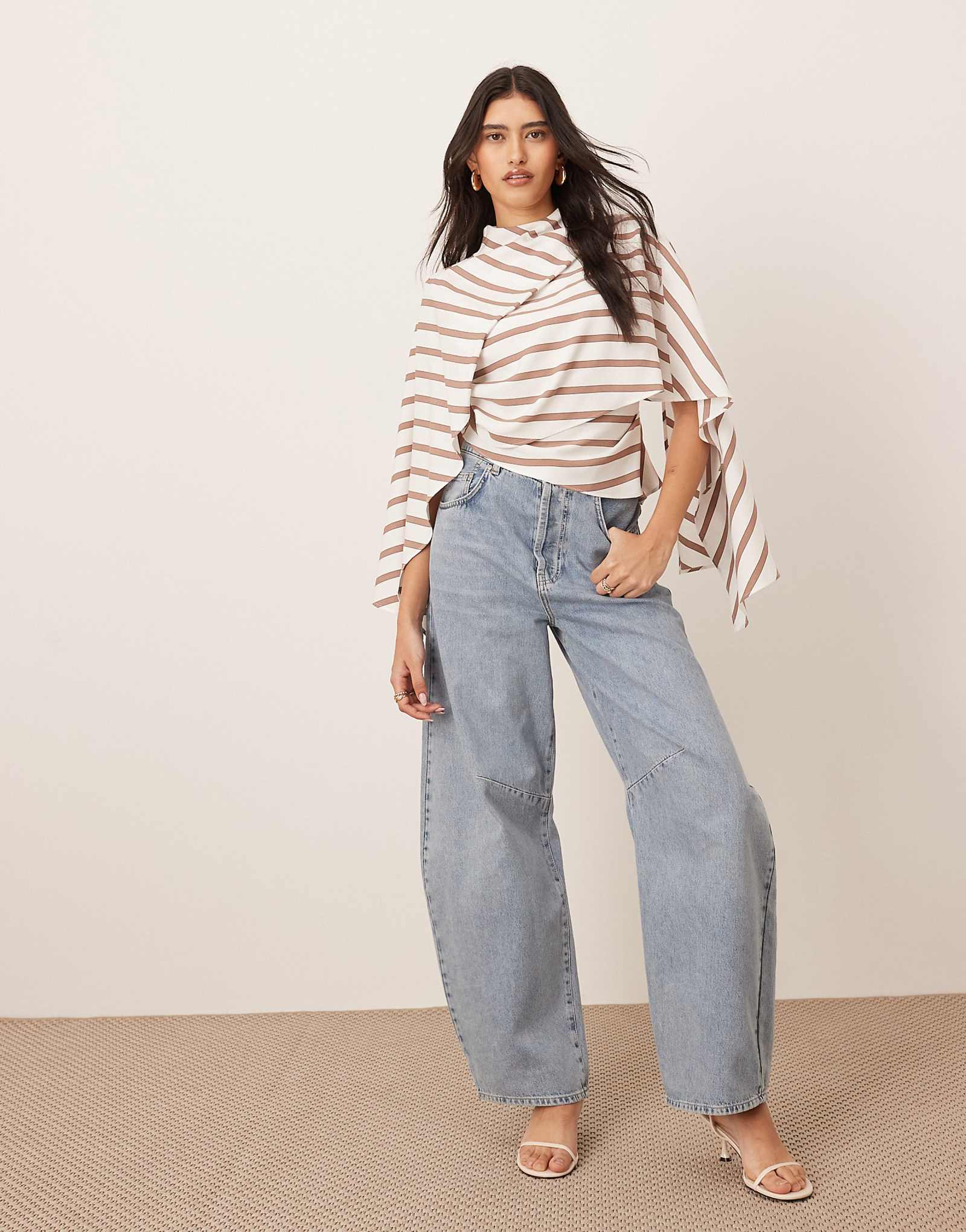 ARRANGE asymmetric top with drape neck detail in camel stripe