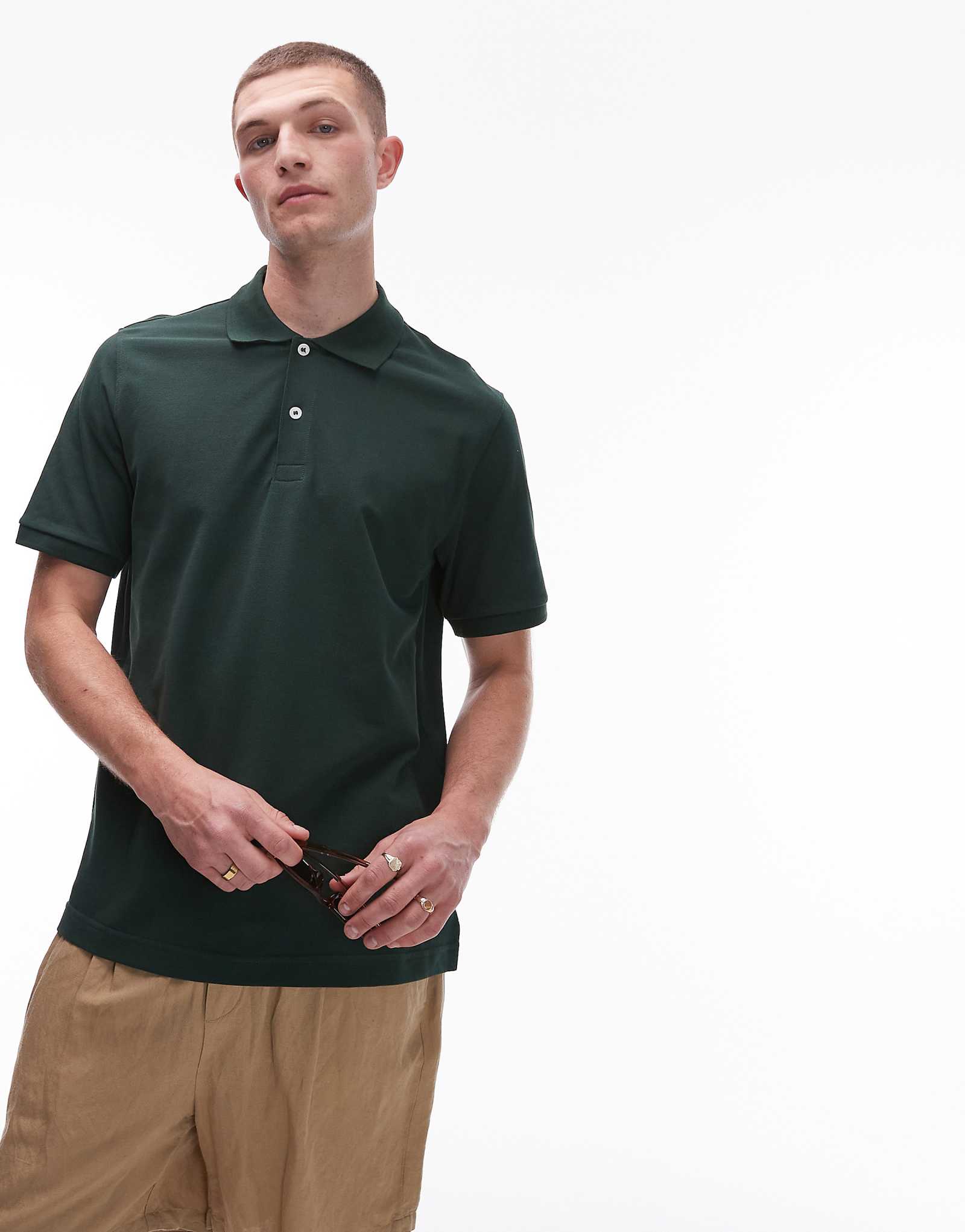ARKET pique jersey short sleeve polo shirt in khaki green 9990₽