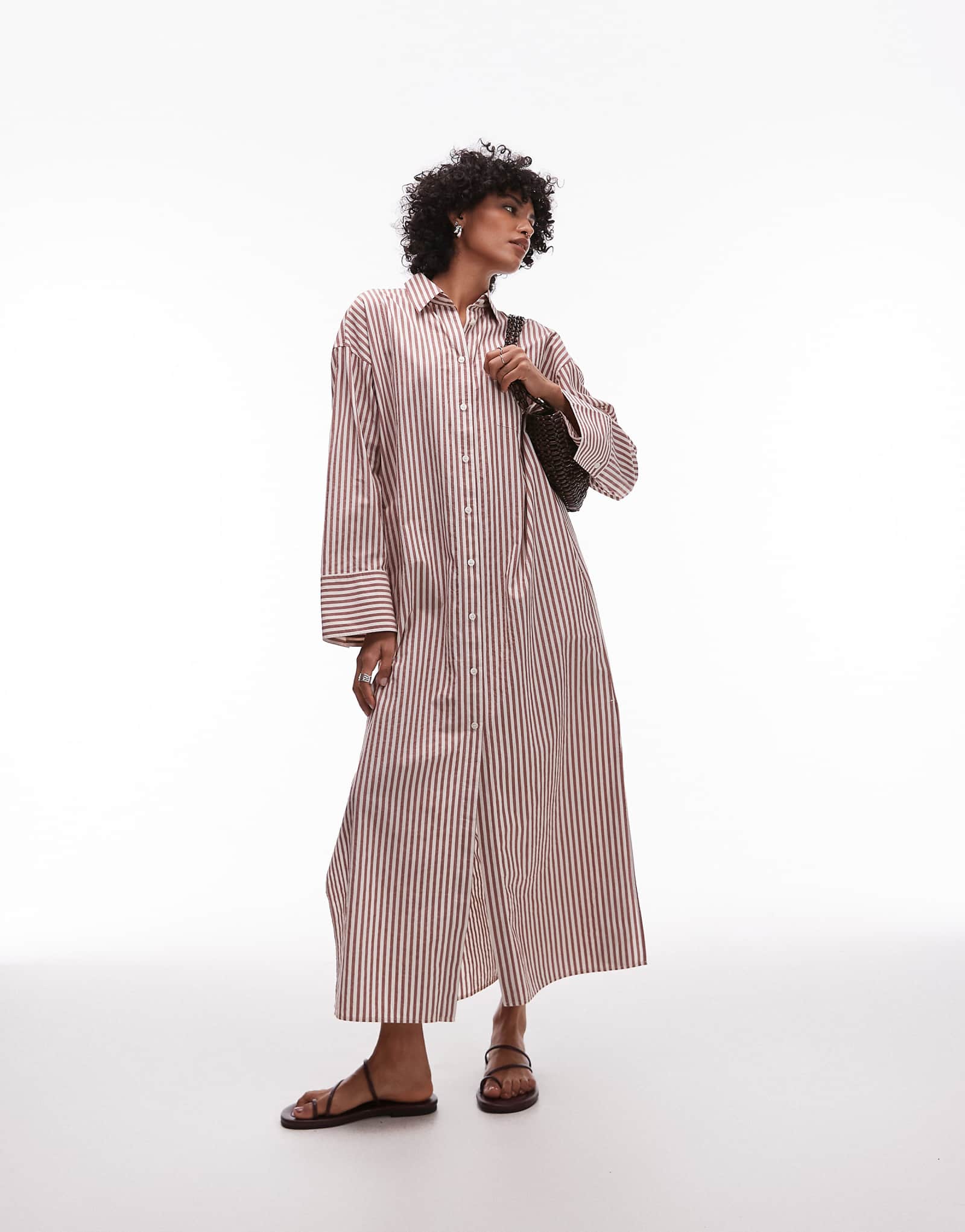 ARKET maxi shirt dress with paneled sleeves and side slits in brown stripe