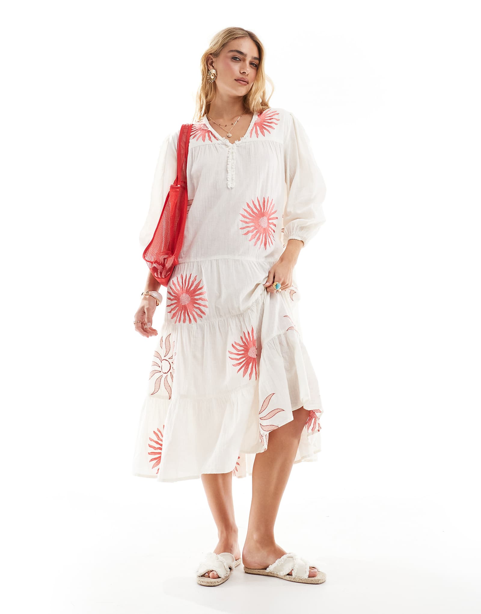 Accessorize puff sleeve midi beach dress in summer sun print 13790₽