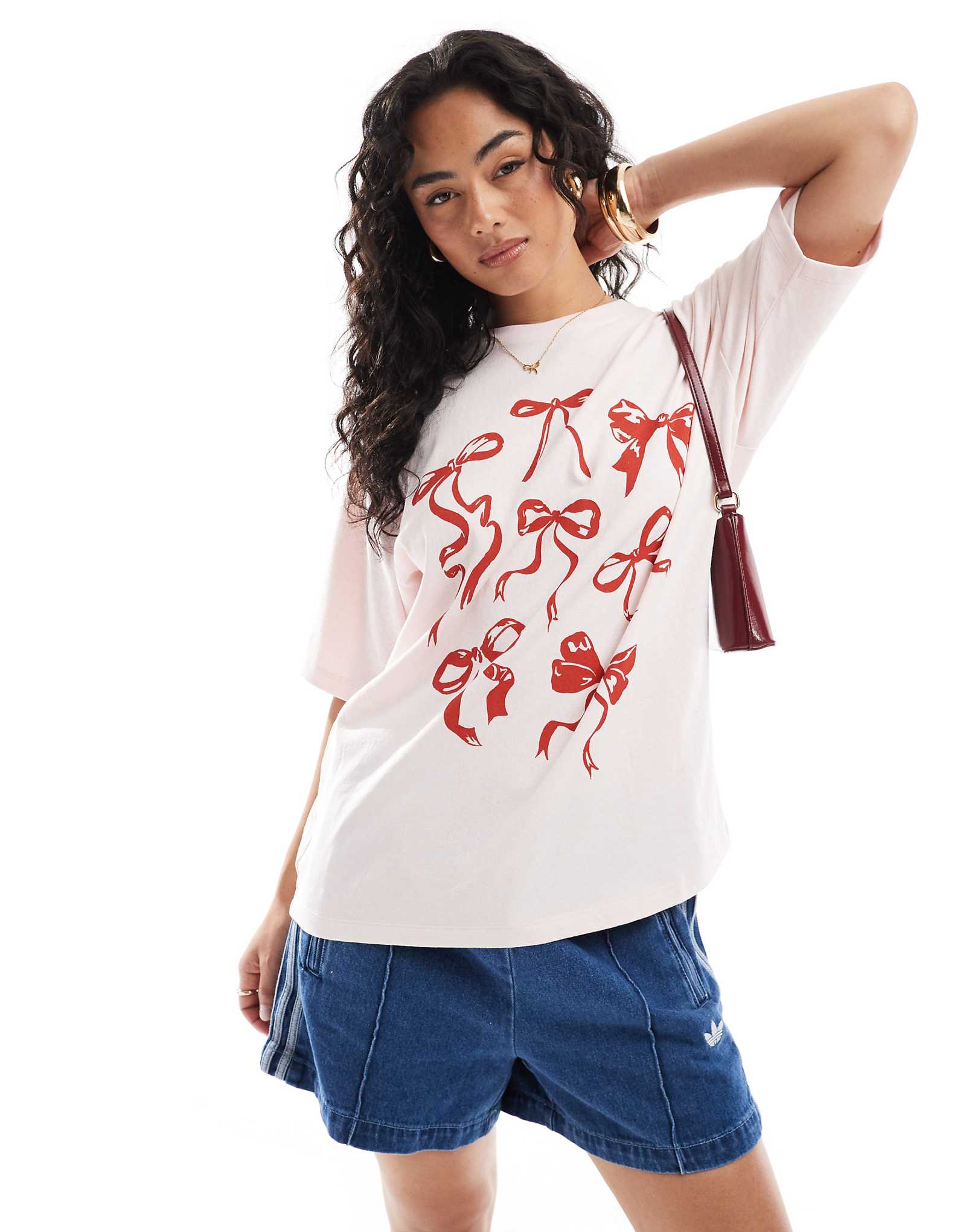 JJXX oversized red bow T-shirt in pink 3990₽