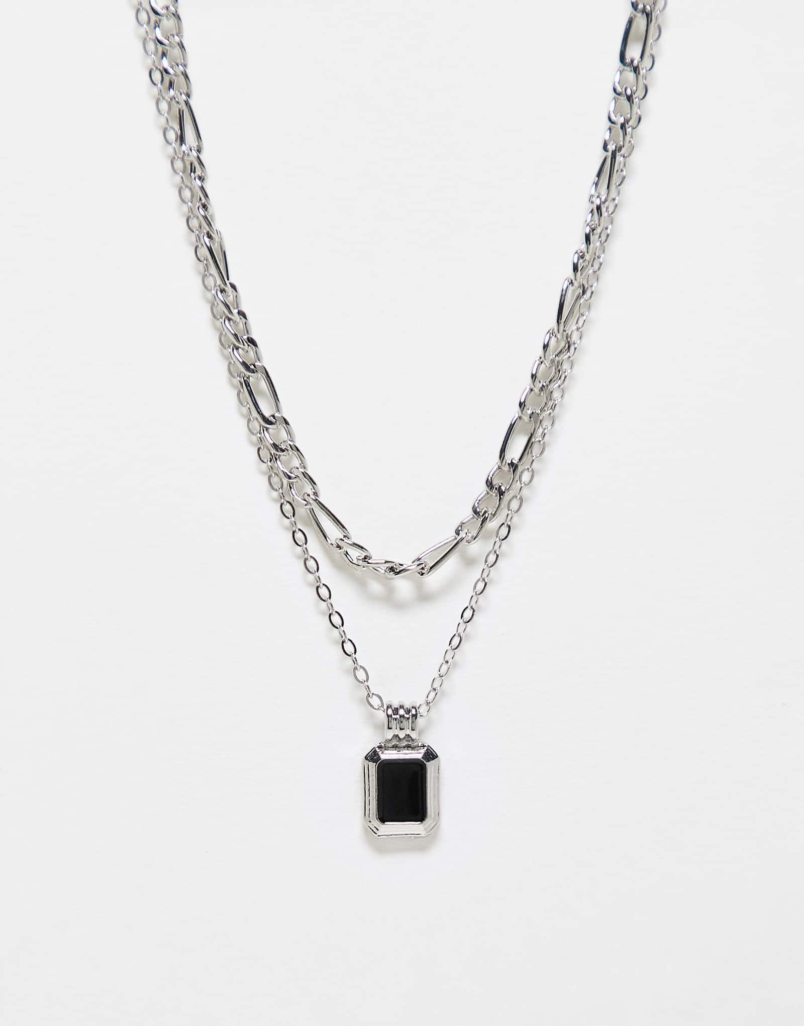 Faded Future pack of 2 figaro chain and black stone pendant necklace in silver 4490₽