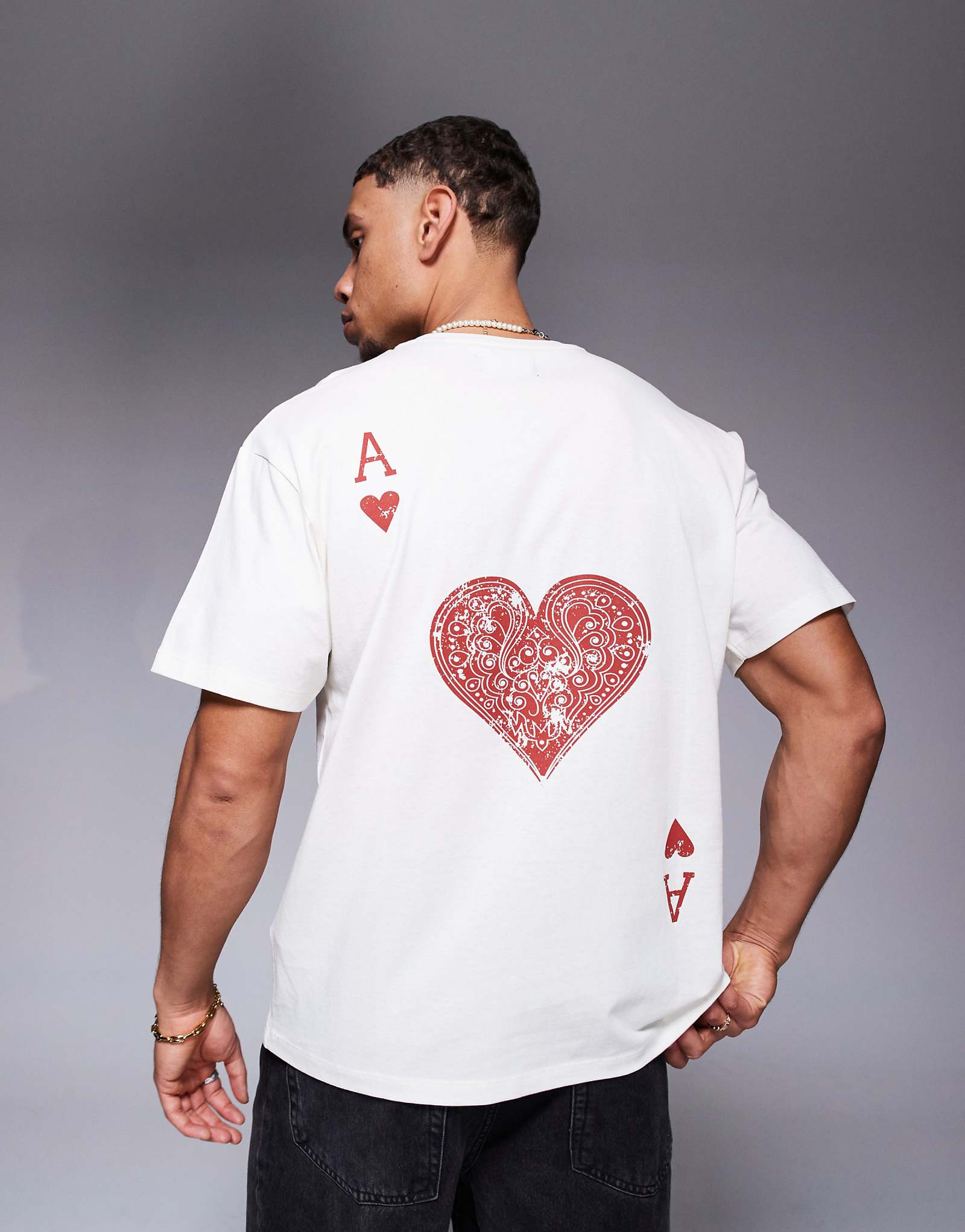 ADPT oversized t-shirt with ace of hearts back and front prints in cream 4390₽