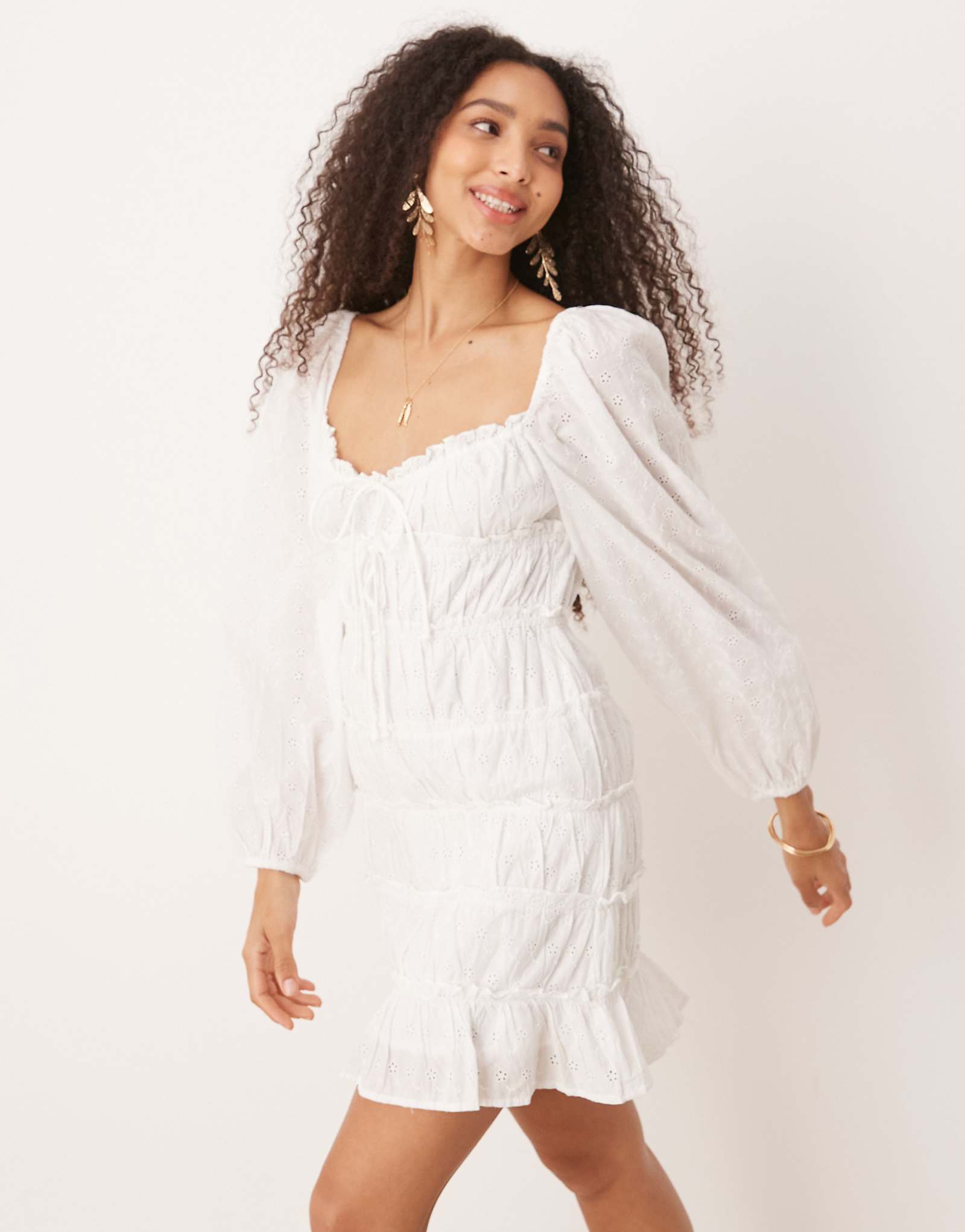Gina Tricot long sleeve sweetheart neck eyelet mini dress in white