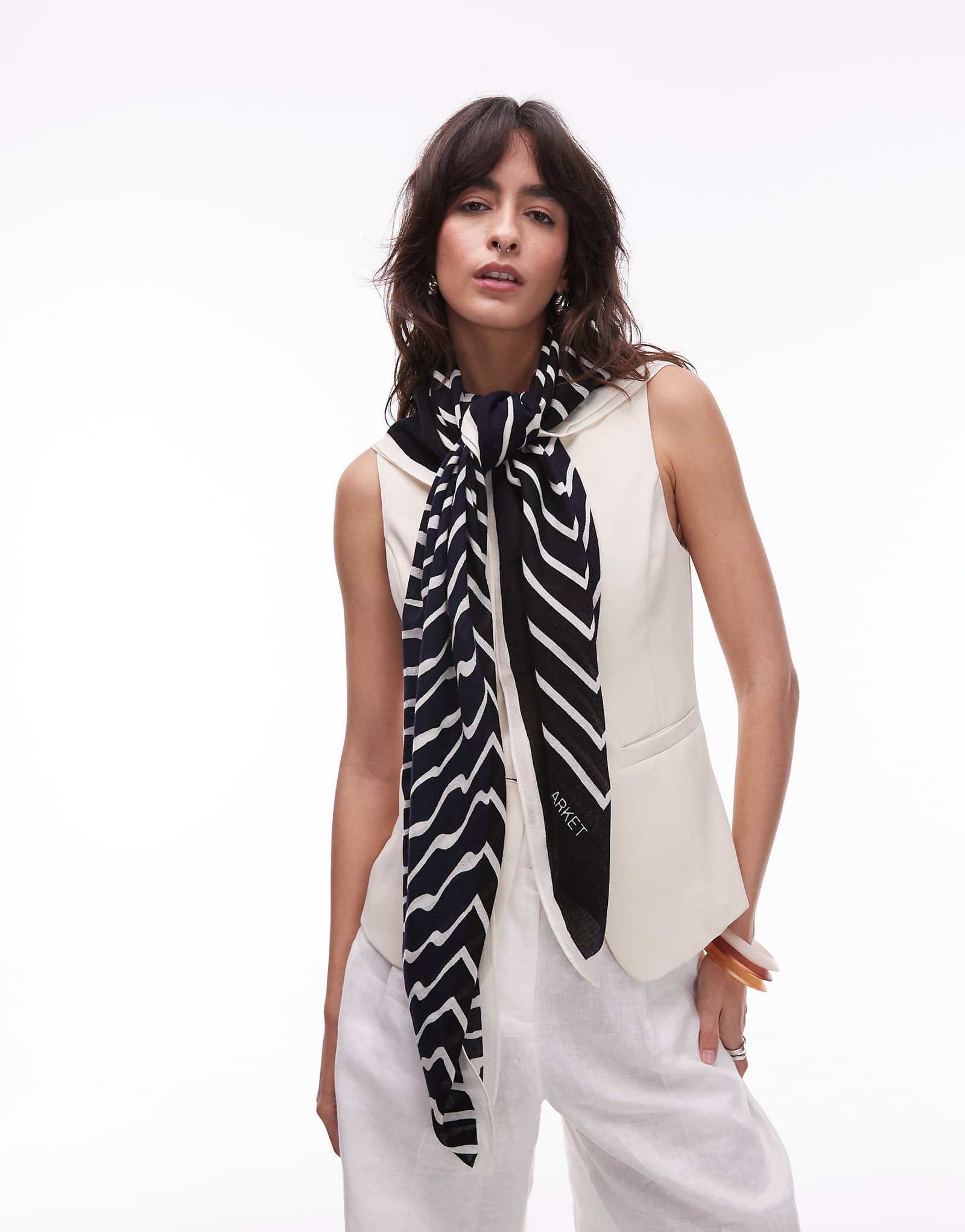 ARKET pure wool thin printed scarf in dark blue and white 22890₽
