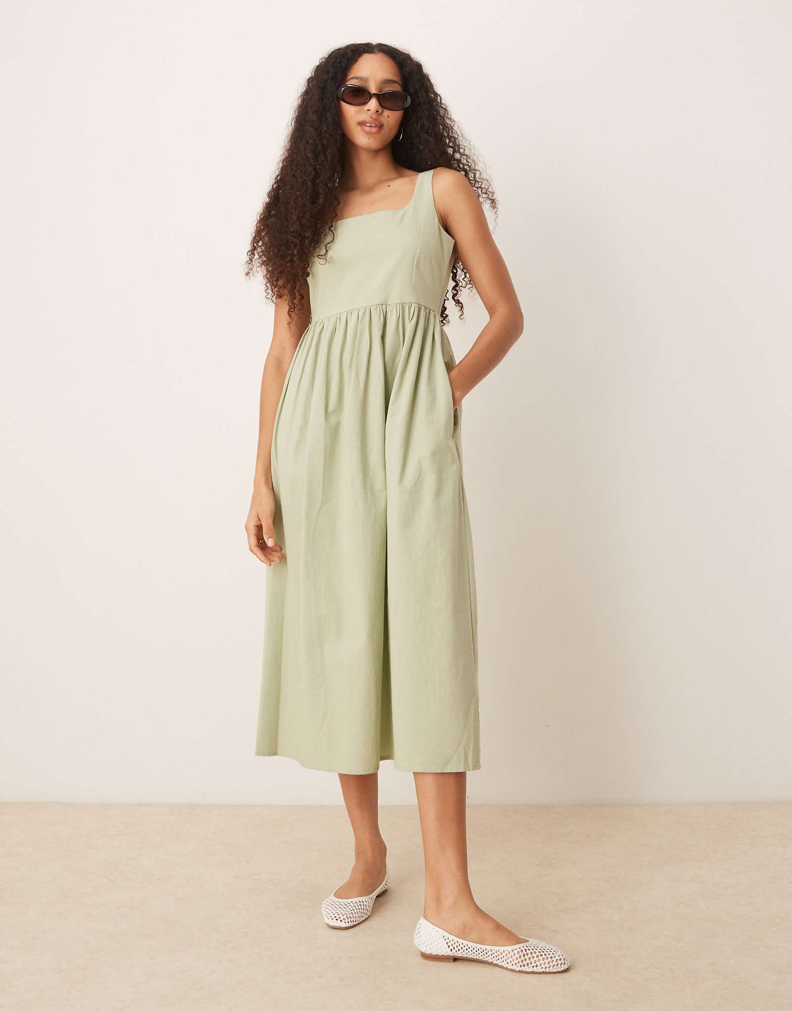 Brave Soul cotton square neck midi dress in sage green