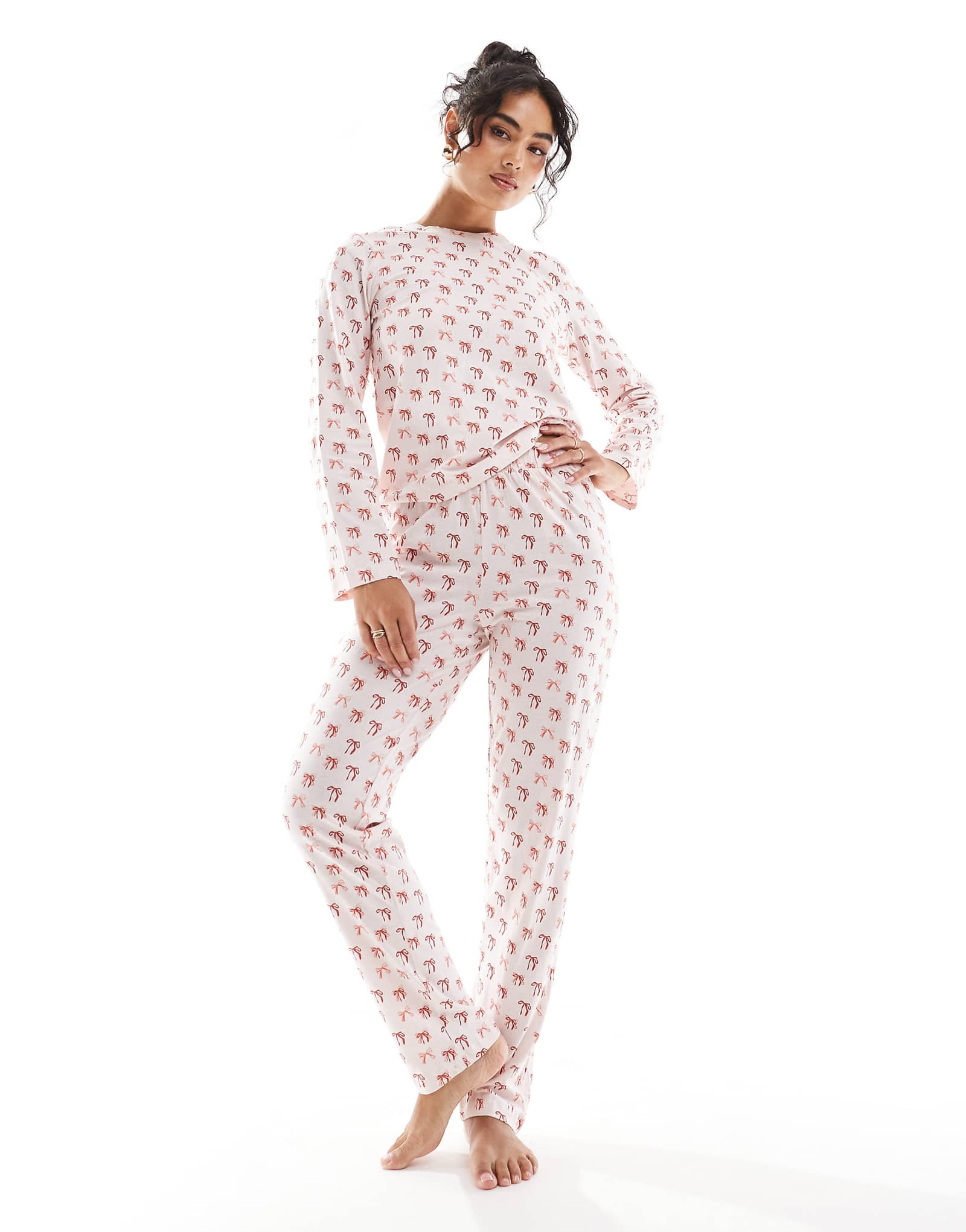 Pieces Christmas long sleeve pajama set in pink bow print 8290₽