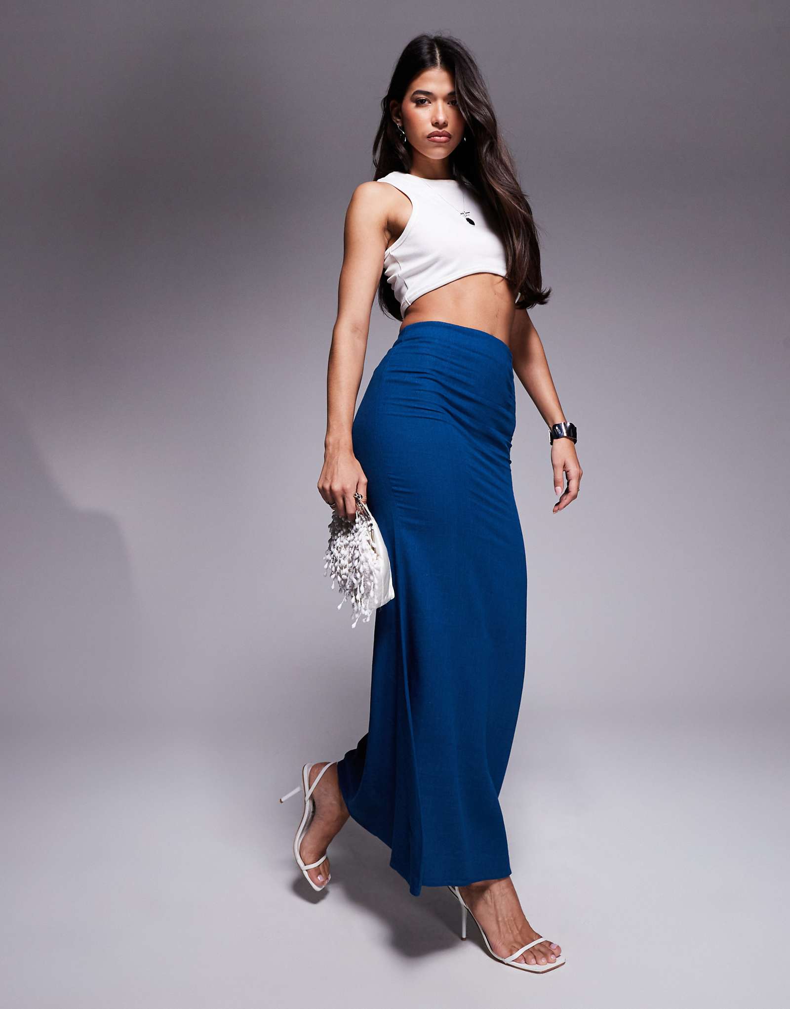 Princess Polly linen blend fishtail maxi skirt in navy 7790₽