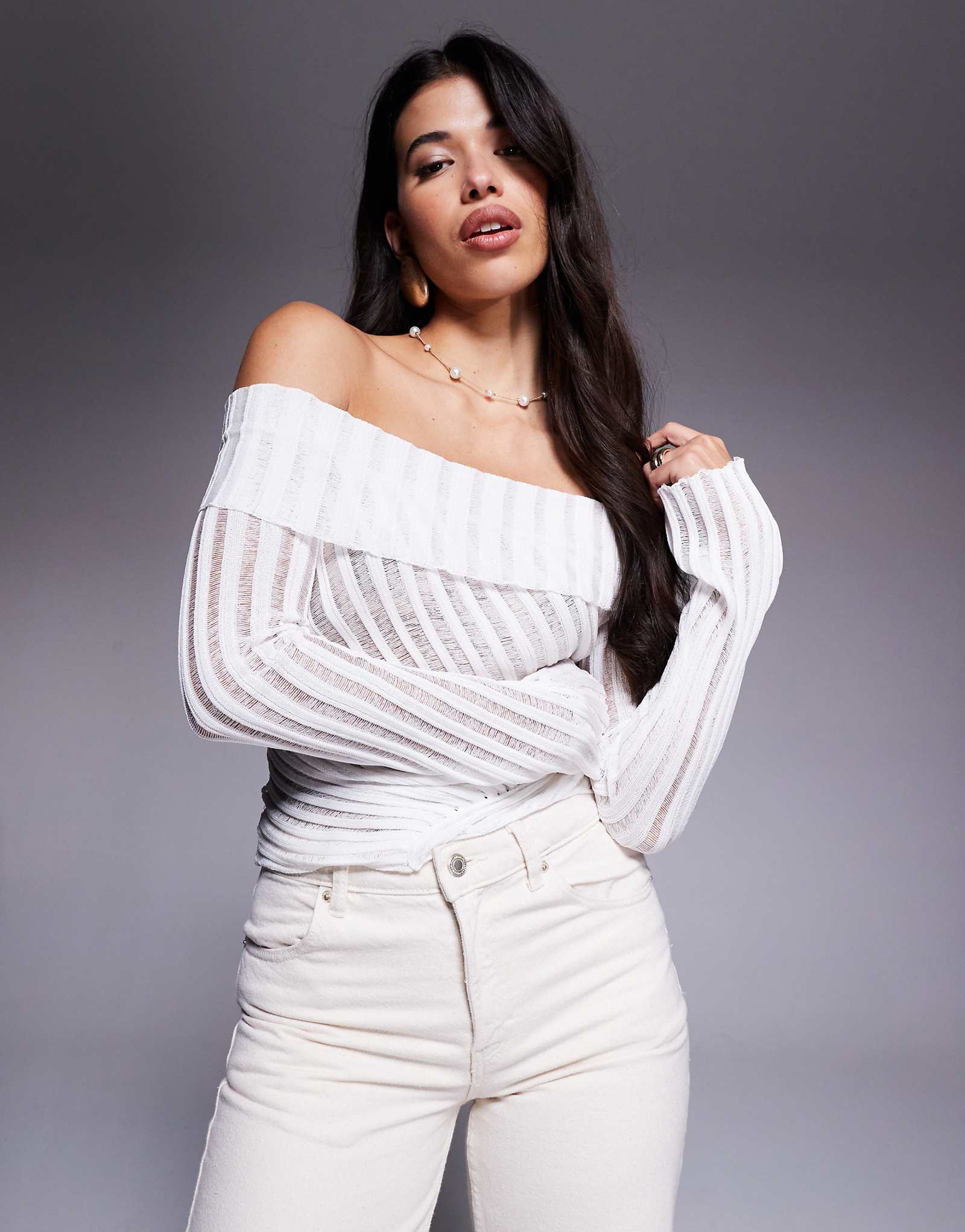 Princess Polly Cloud sheer laddered panel knit foldover off the shoulder sweater in white 10190₽