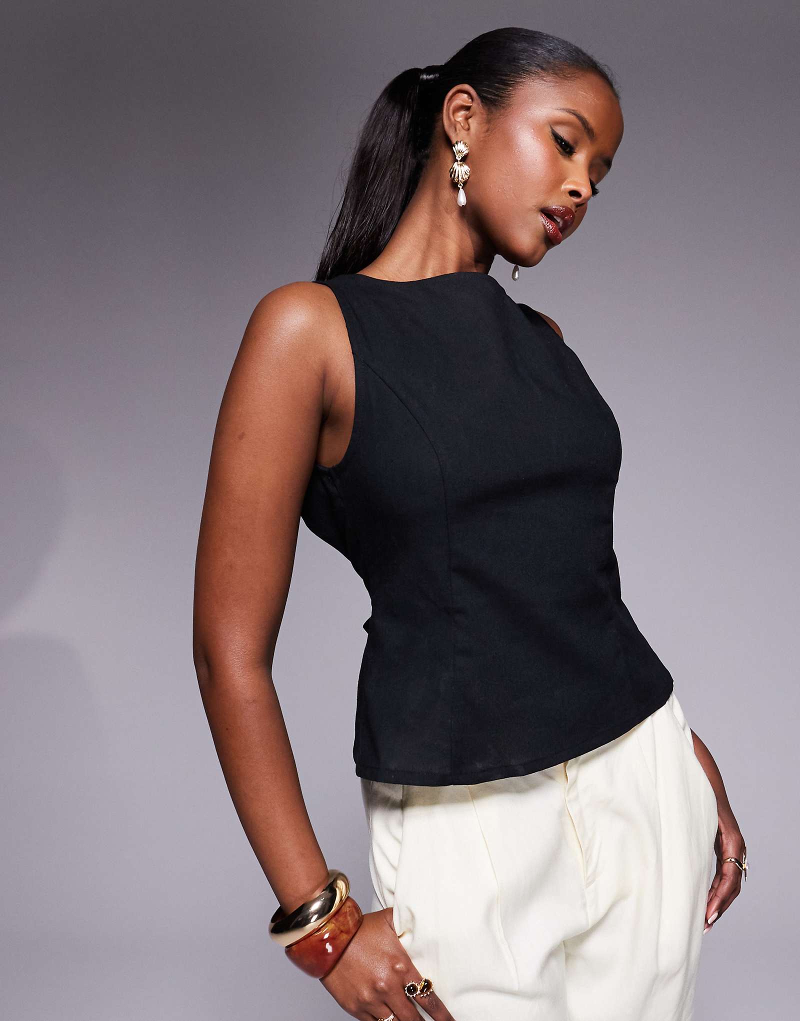 Princess Polly linen blend sleeveless open tie back top in black