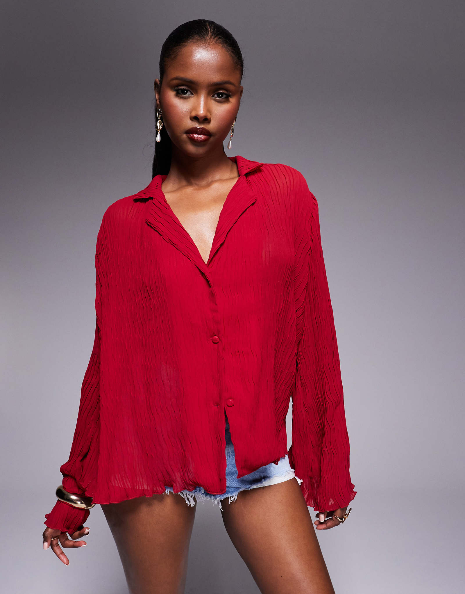 Princess Polly plisse lettuce edge flared sleeves shirt in burgundy