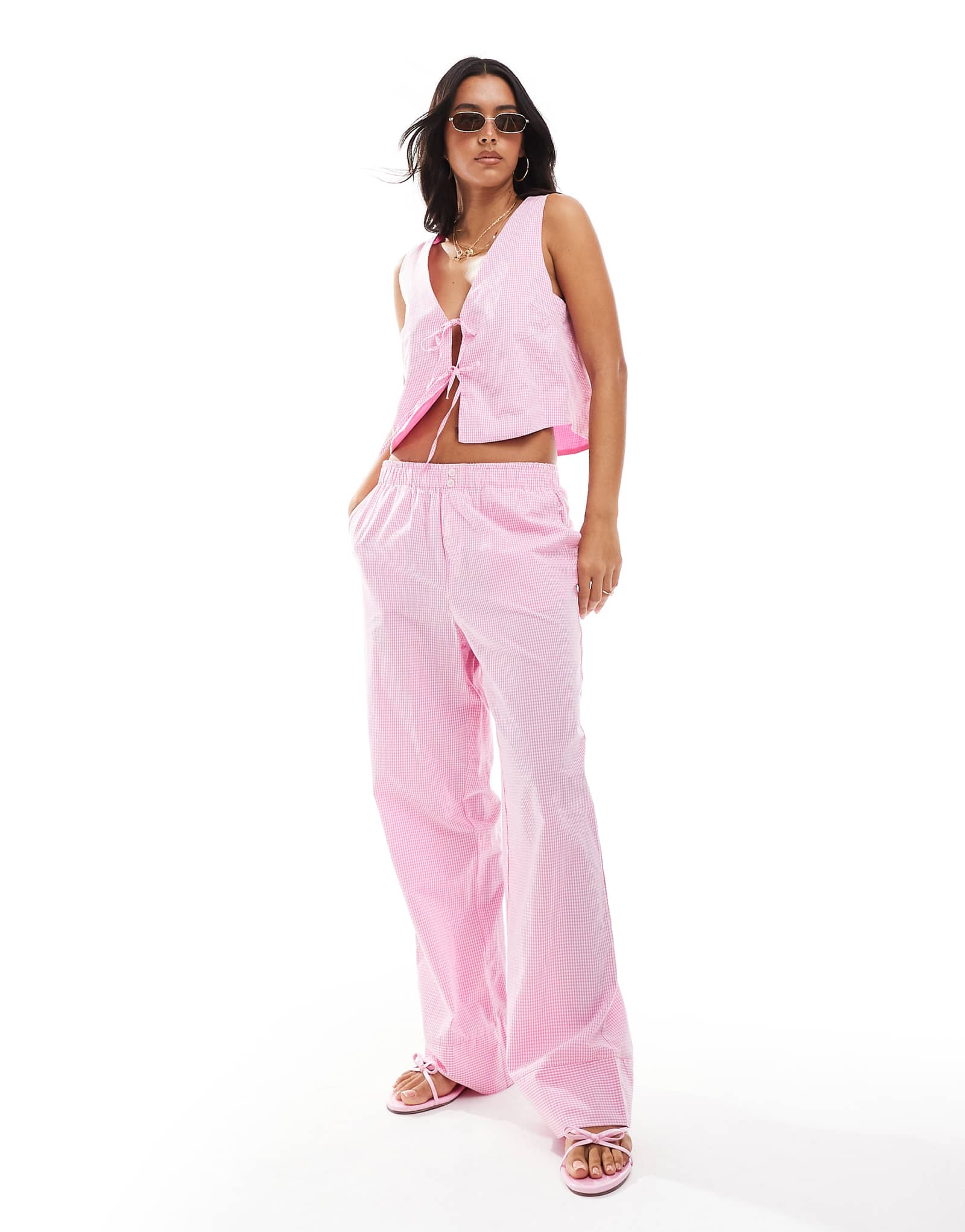 ONLY wide leg boxer detail pants in pink gingham - part of a set 14990₽