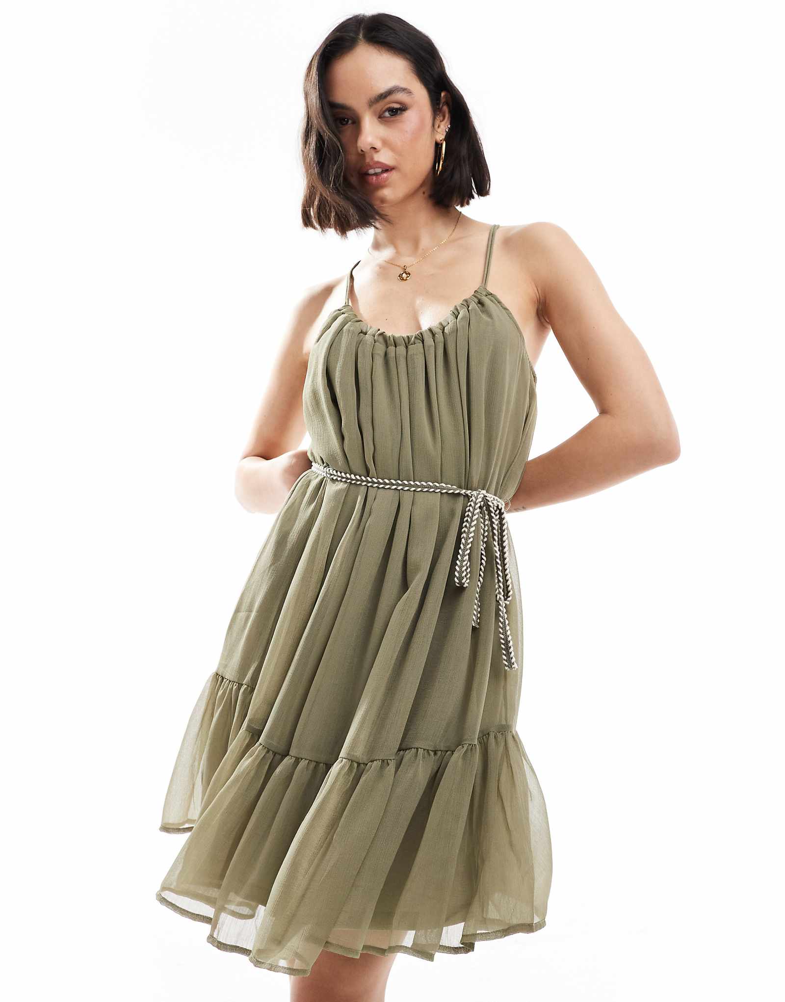 ONLY dropped hem mini dress with detachable belt in khaki green