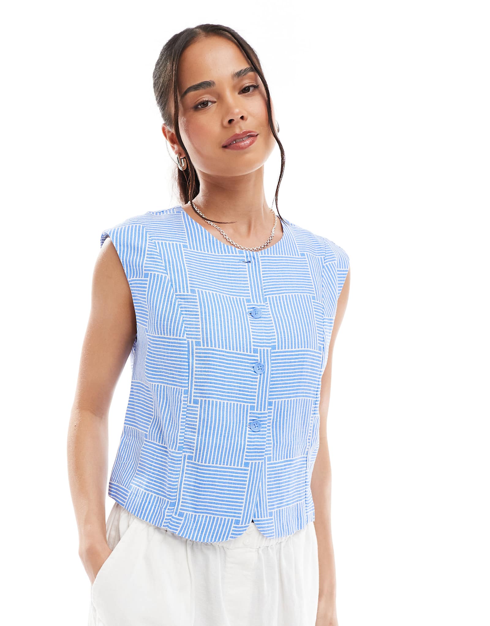 Object cropped vest top in blue crosshatch print 11590₽