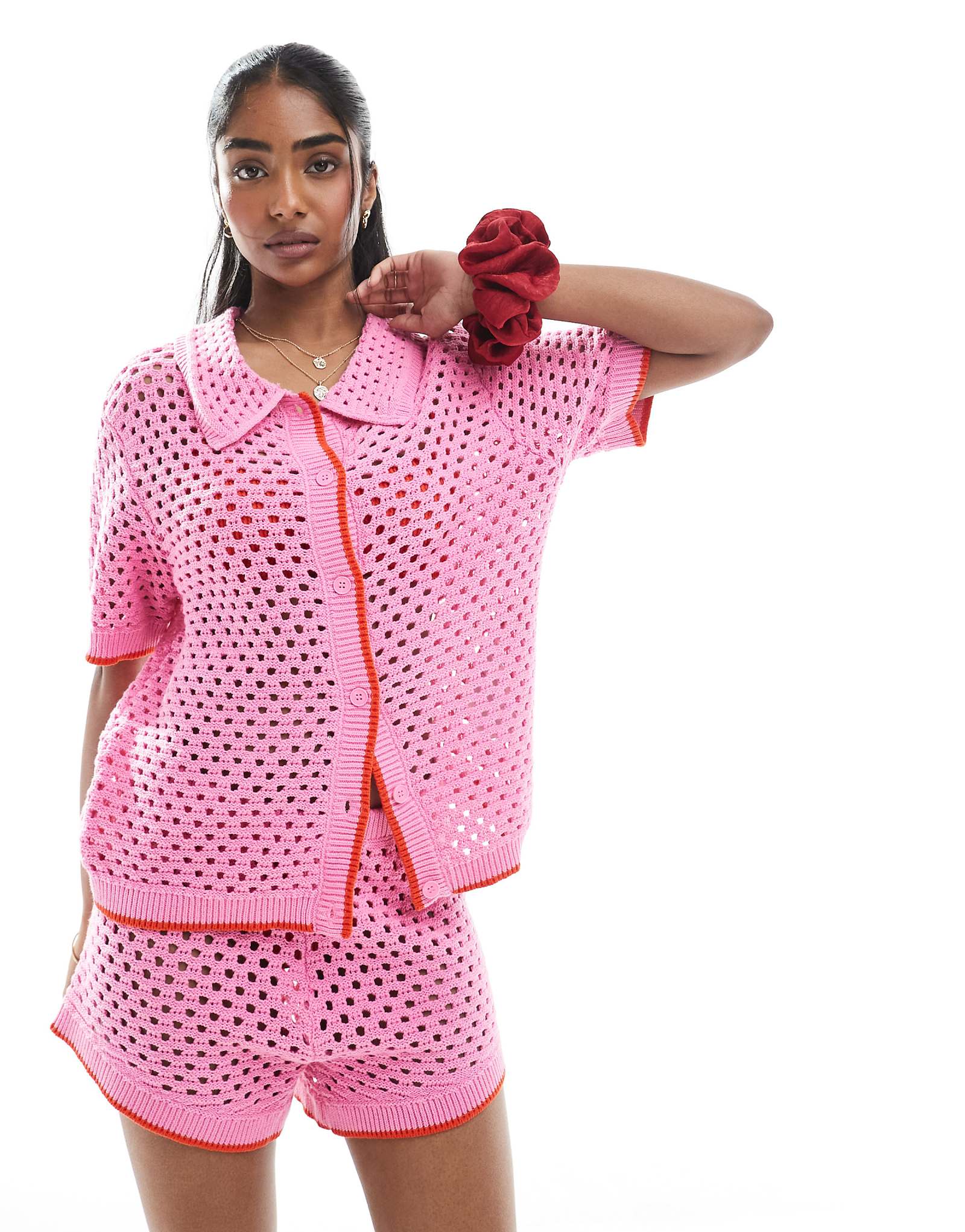 Pieces open knit boxy polo top in pink and red - part of a set 8390₽