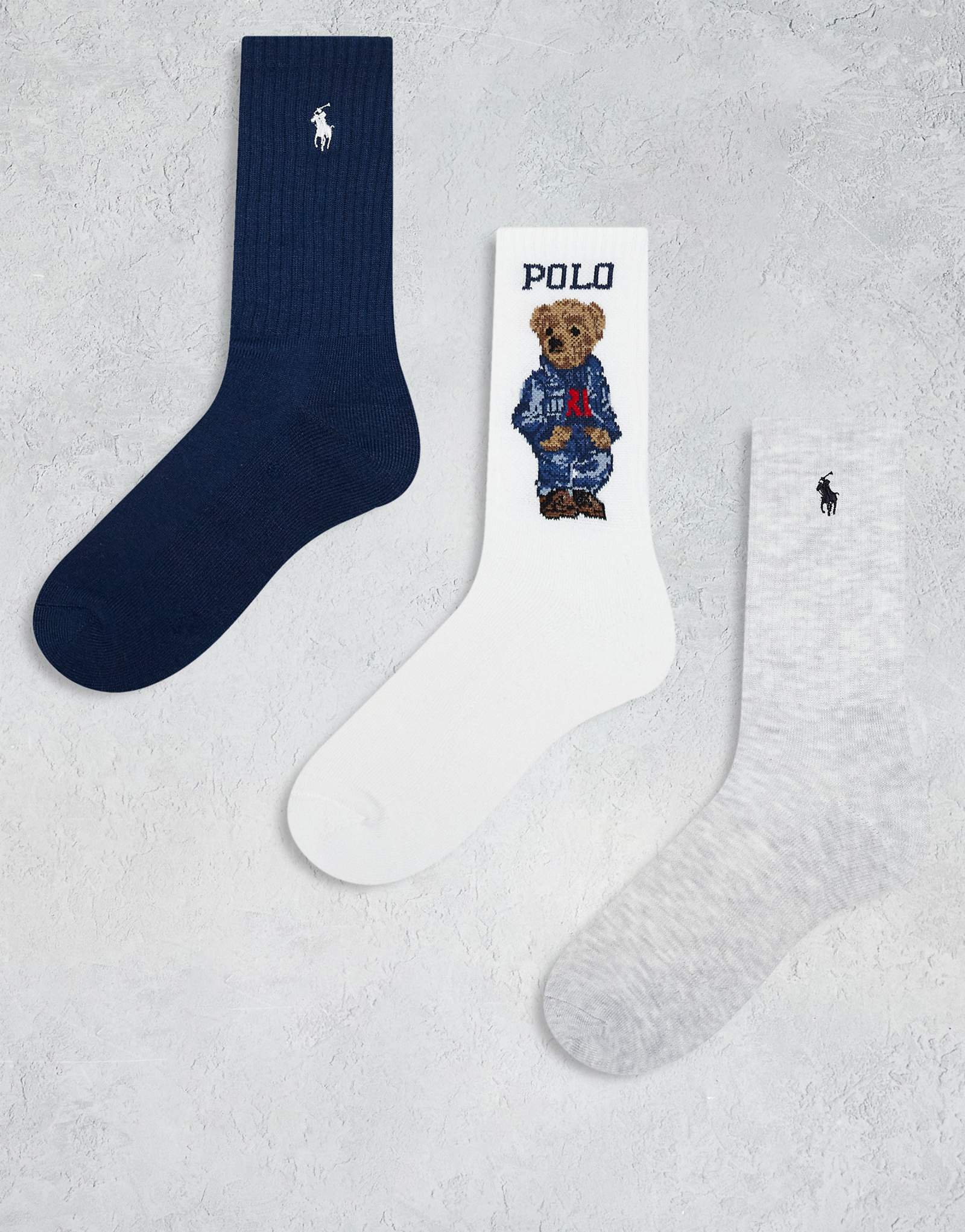 Polo Ralph Lauren 3 pack of socks with bear and icon logo in gray white and navy 2590₽