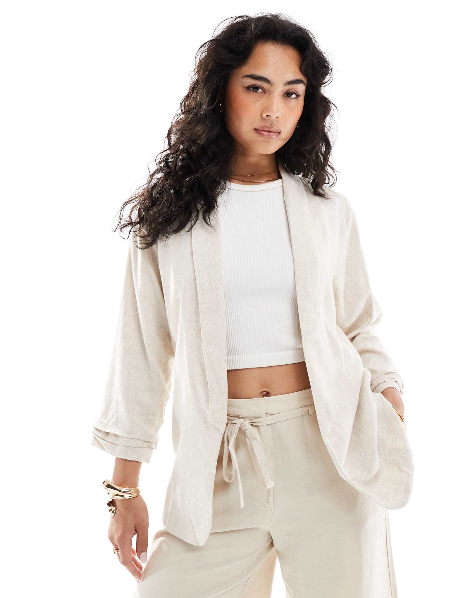 Pieces linen touch ruched sleeve blazer in birch