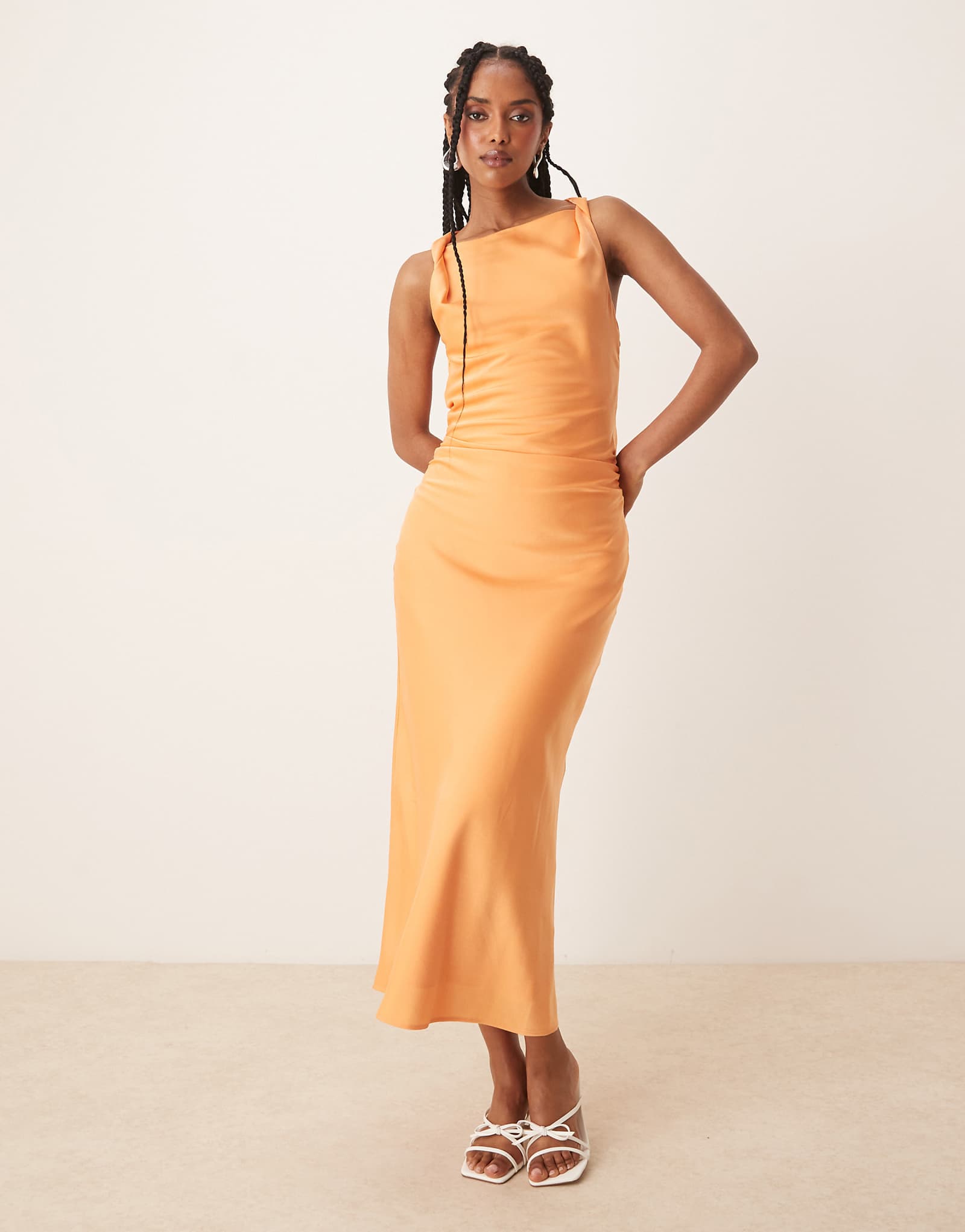 Nia meyer satin twist shoulder midaxi dress in melon