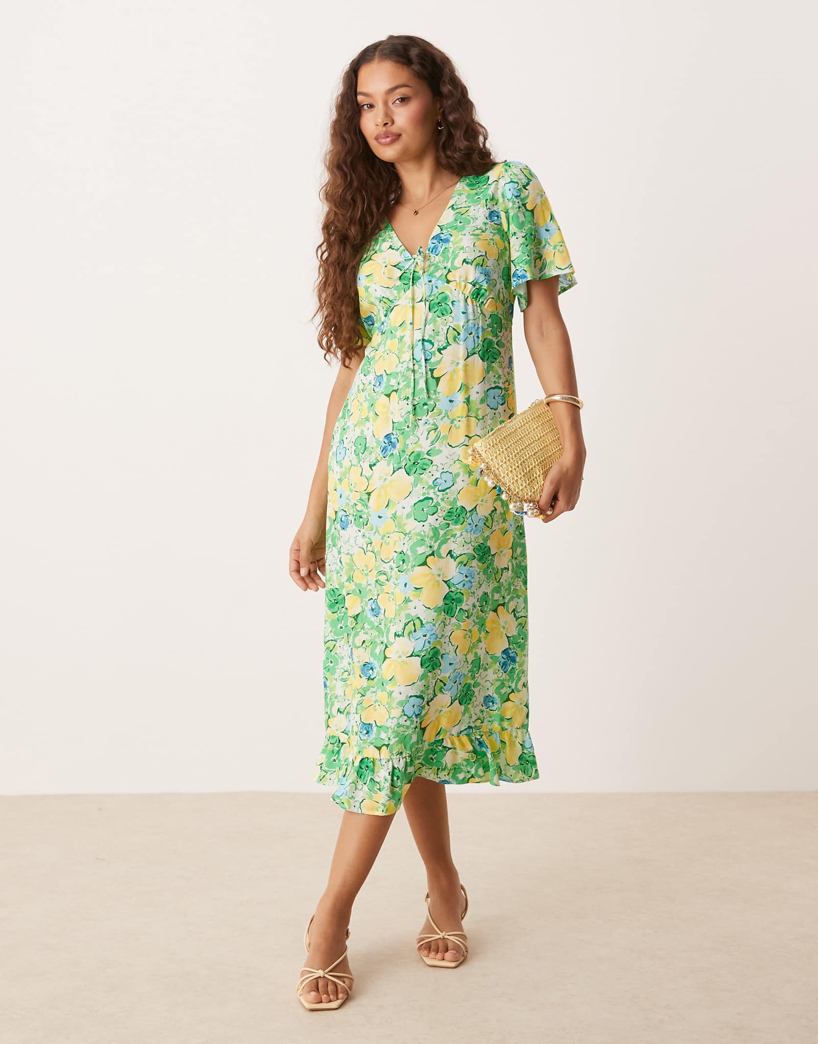 Nobody's Child Plus Dahlia midi tea dress in green and yellow floral