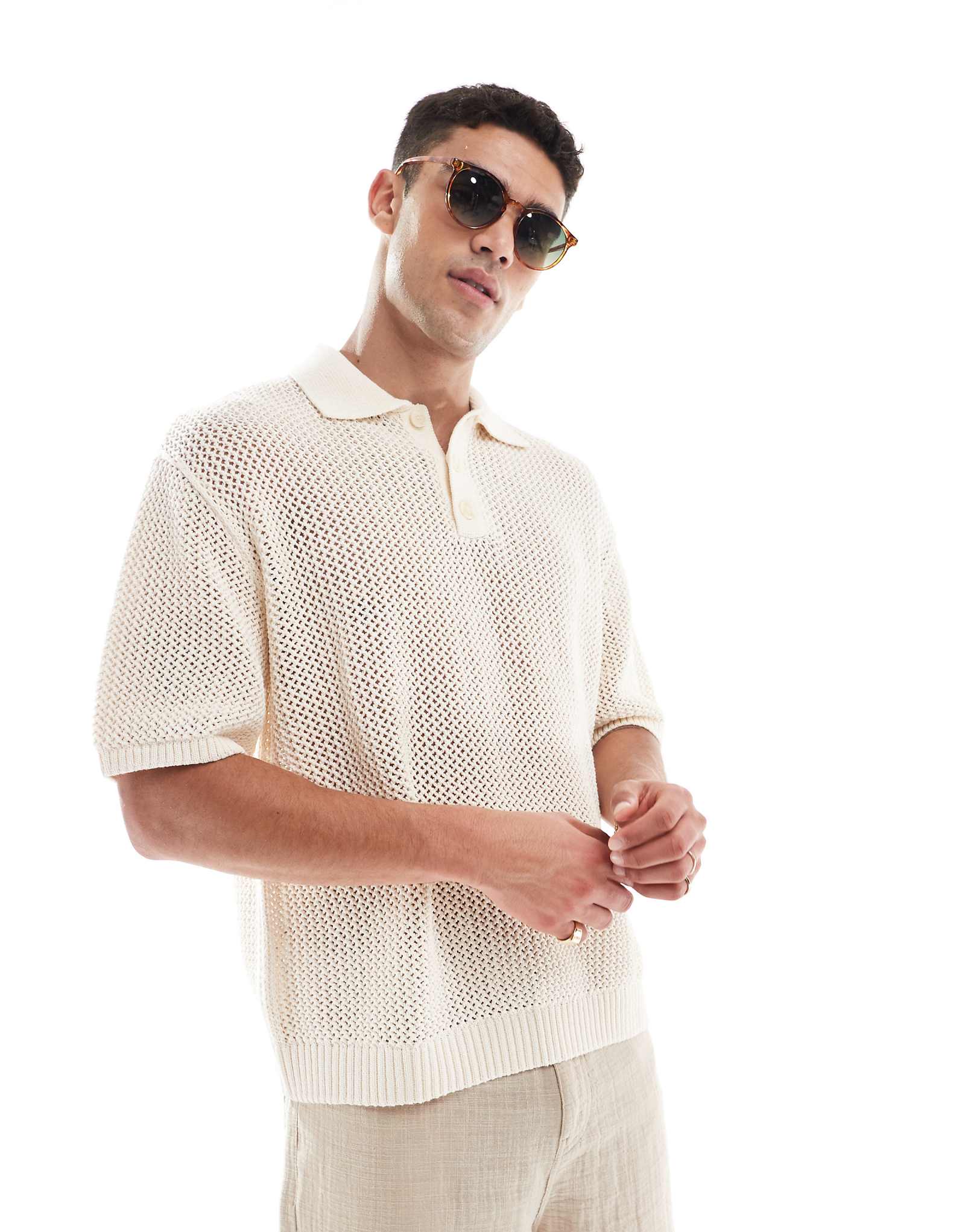 Pull-Bear fine knit polo shirt in ecru 6190₽