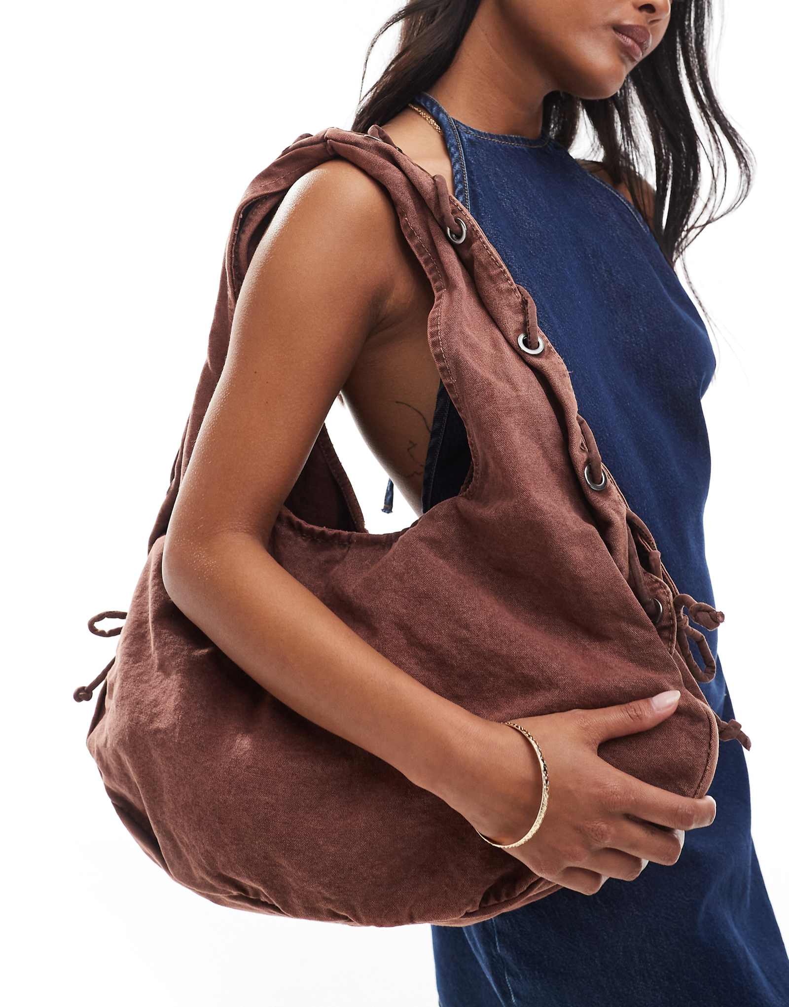 Pull-Bear canvas bag with lace detail in brown