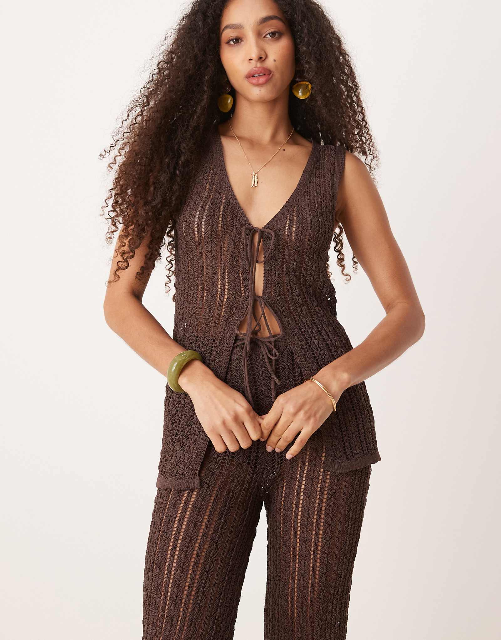 Mango crochet tie front sleeveless top in brown - part of a set 11090₽