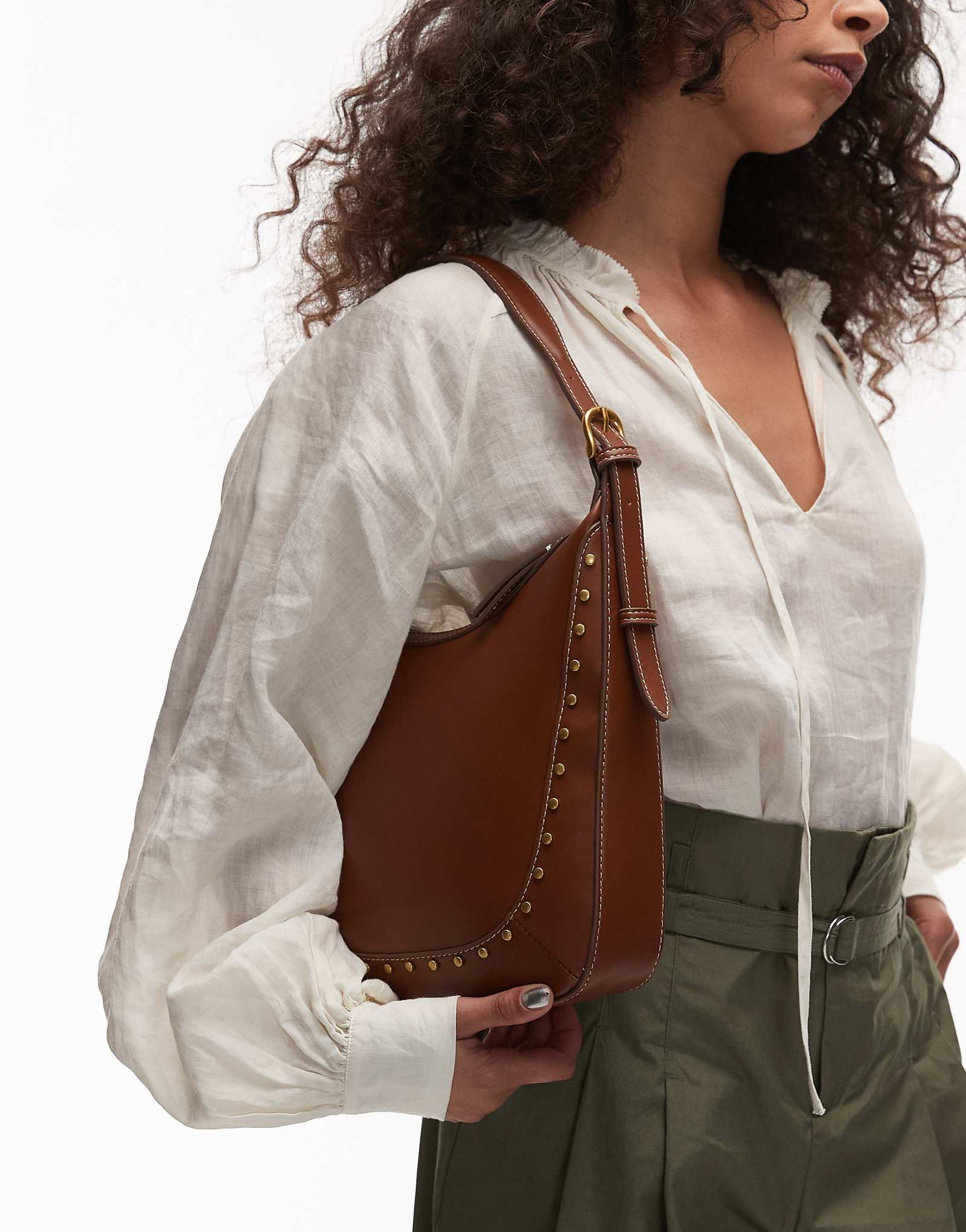 Mango gold stud details large shoulder bag in brown 10590₽