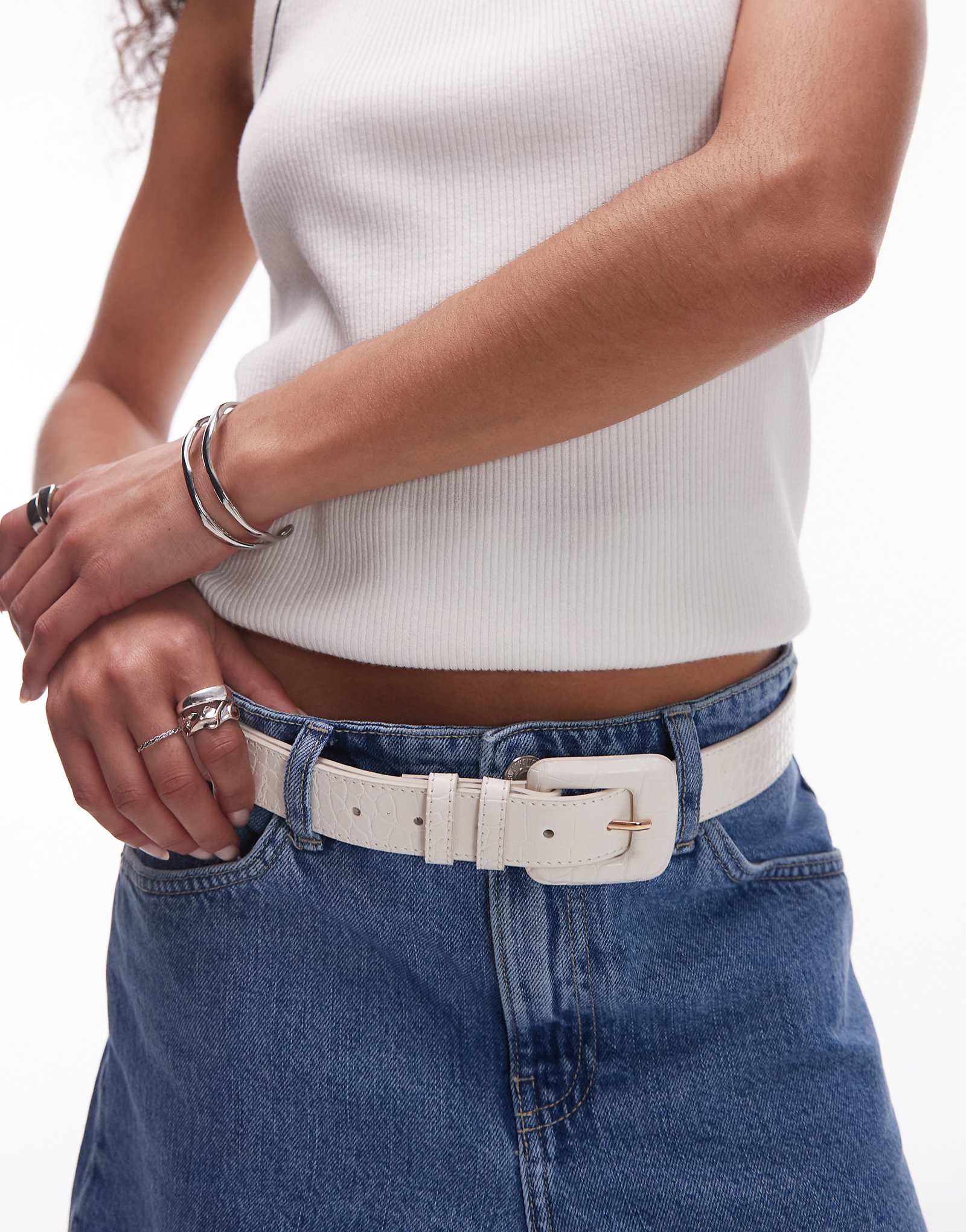 Mango classic croc detail square buckle belt in cream