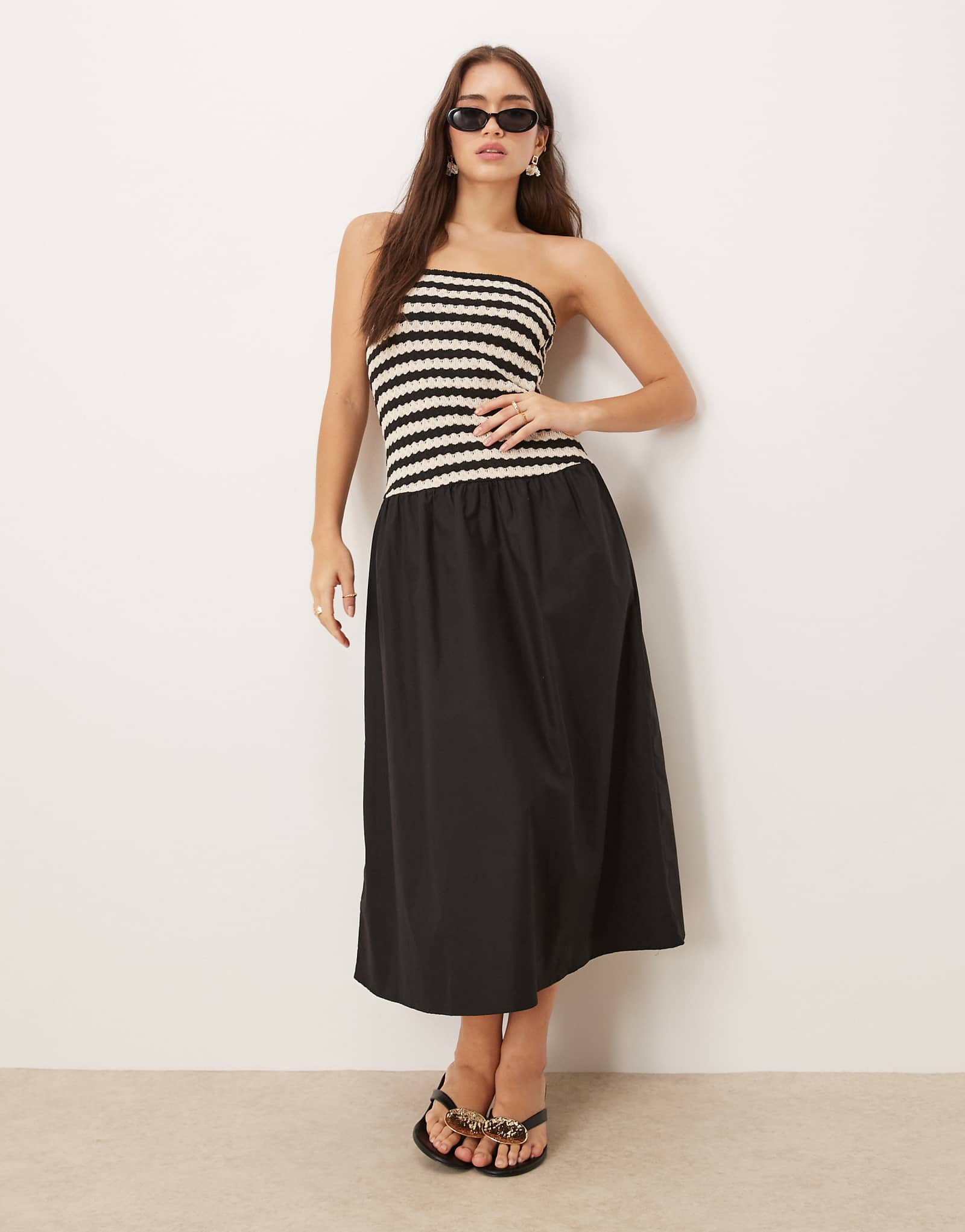 Mango cotton crochet stripe bodice midaxi dress in black 12290₽