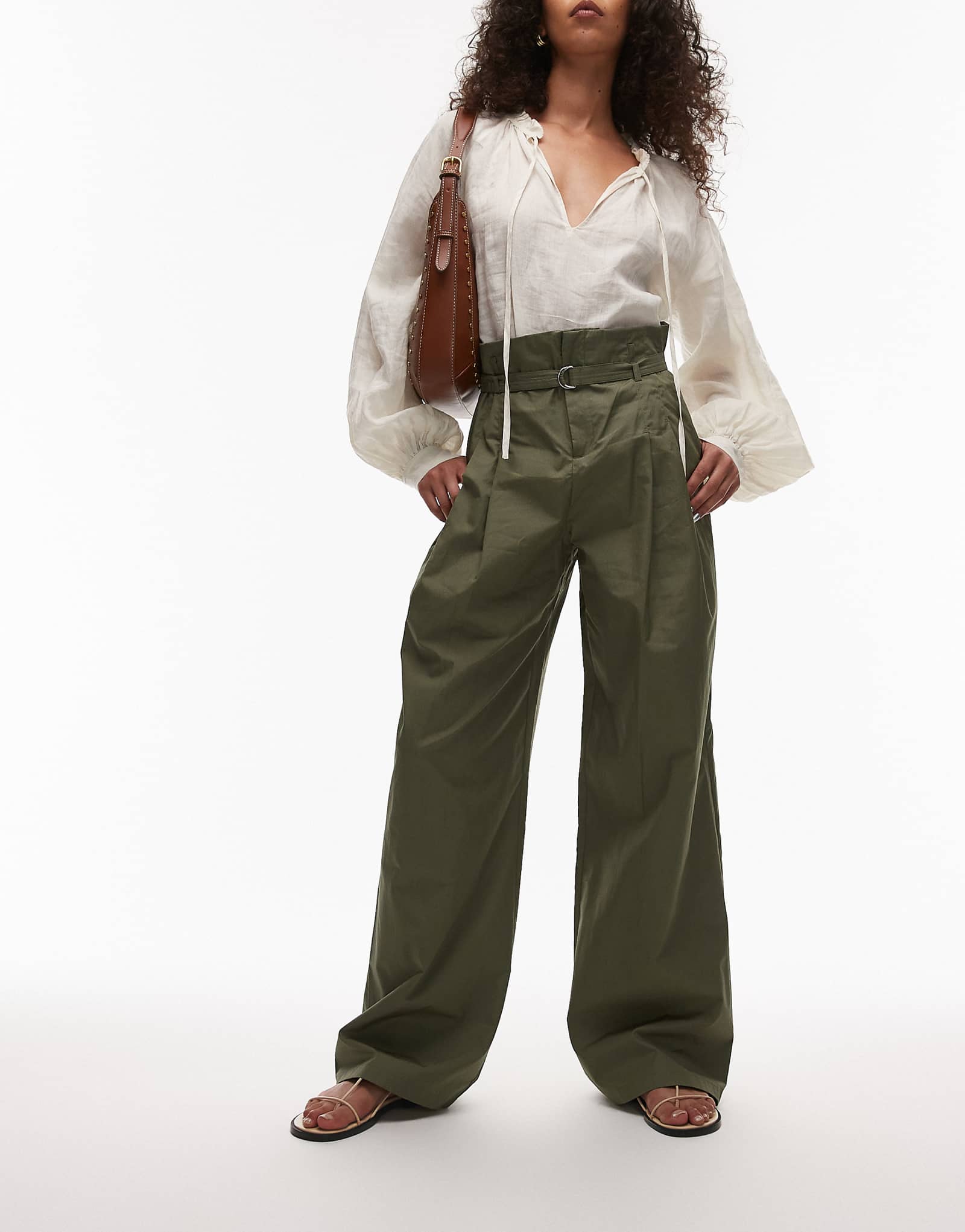 Mango cotton wide leg pleated front pants with belted waist in khaki green 11690₽
