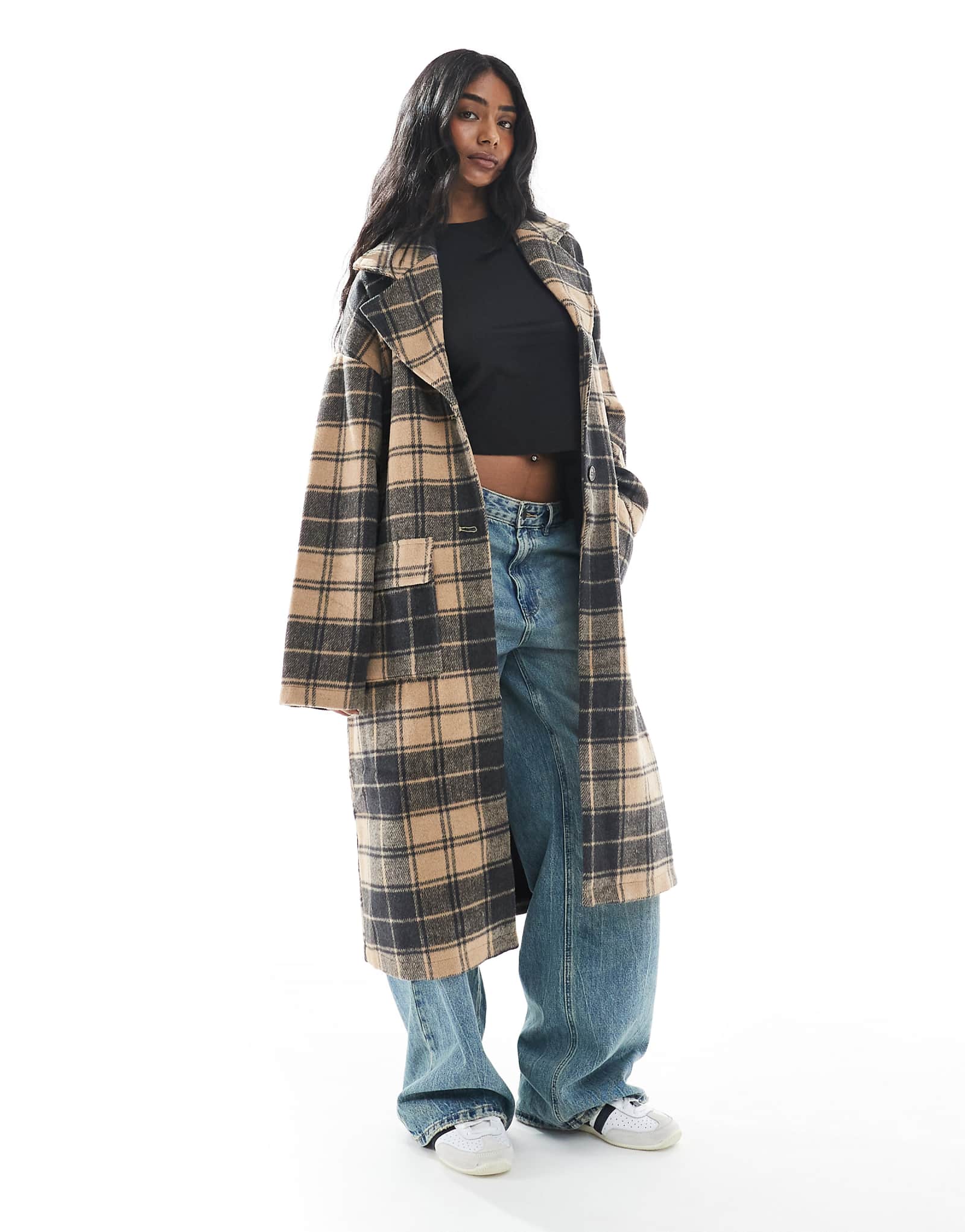 Wednesdays Girl check cocoon overcoat in camel 16790₽