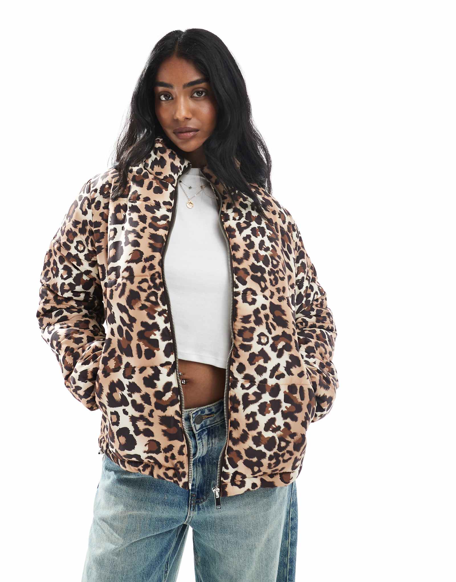 Wednesday's Girl quilted leopard print bomber jacket in brown