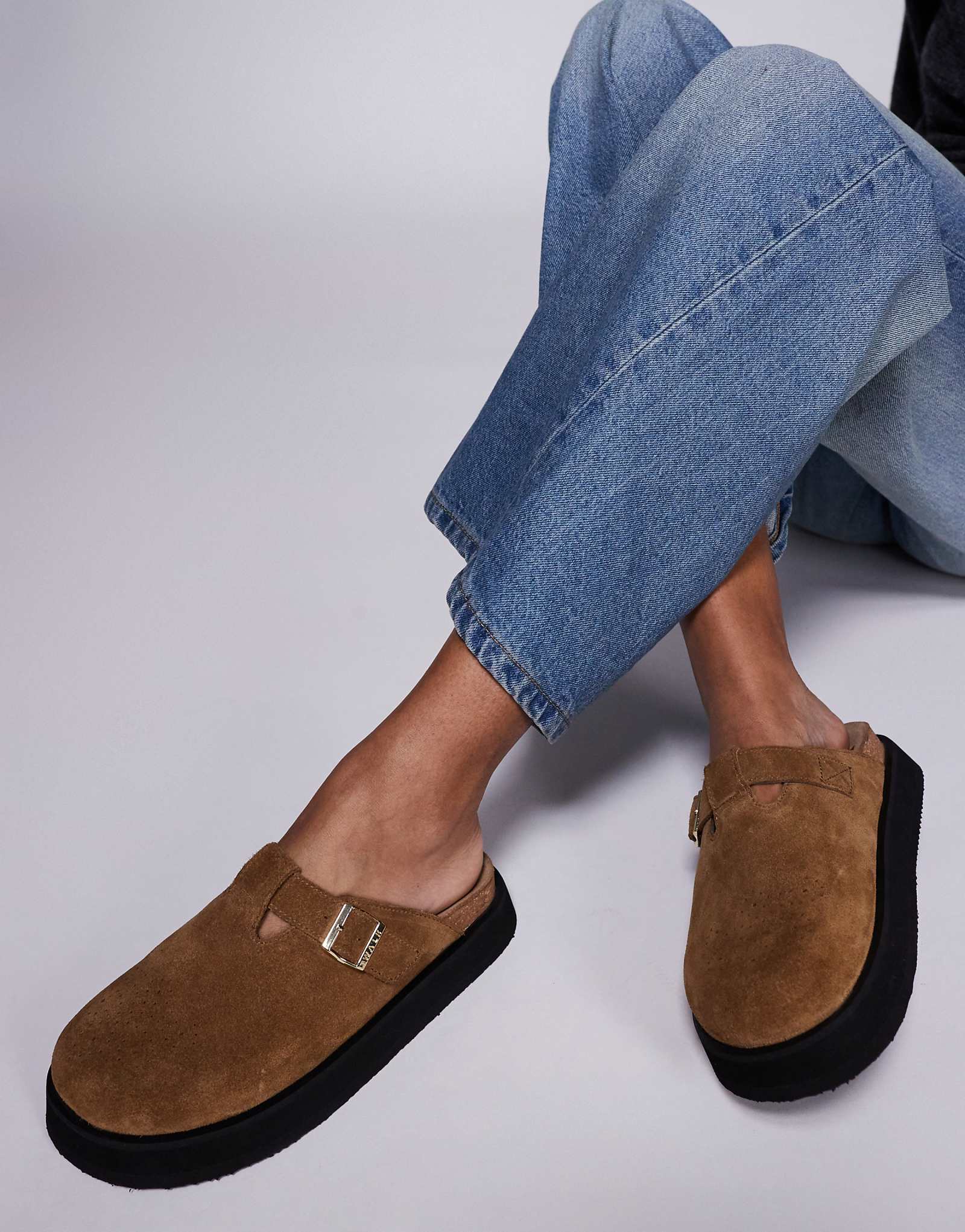 Walk London Barca buckle clog in tan suede