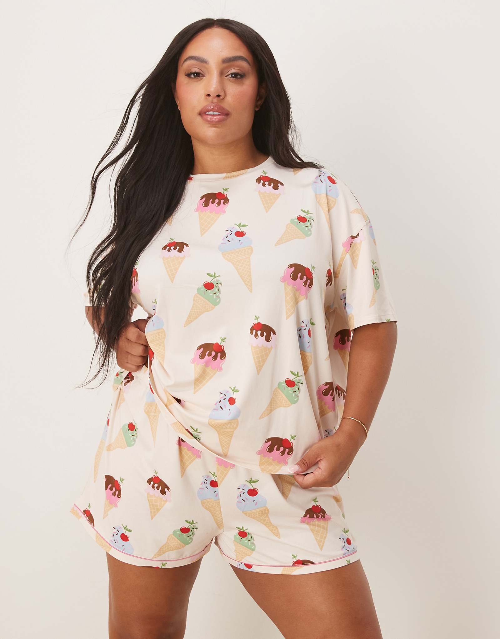 Urban Threads Curve oversized pajama top and shorts in ice cream print