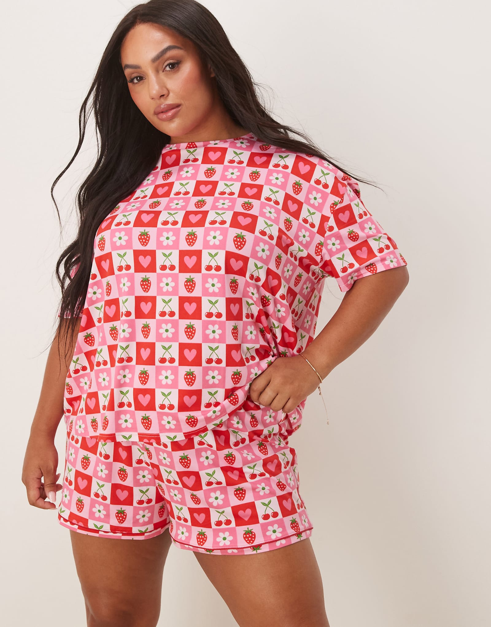 Urban Threads Curve oversized pajama top and shorts in strawberry and cherry print