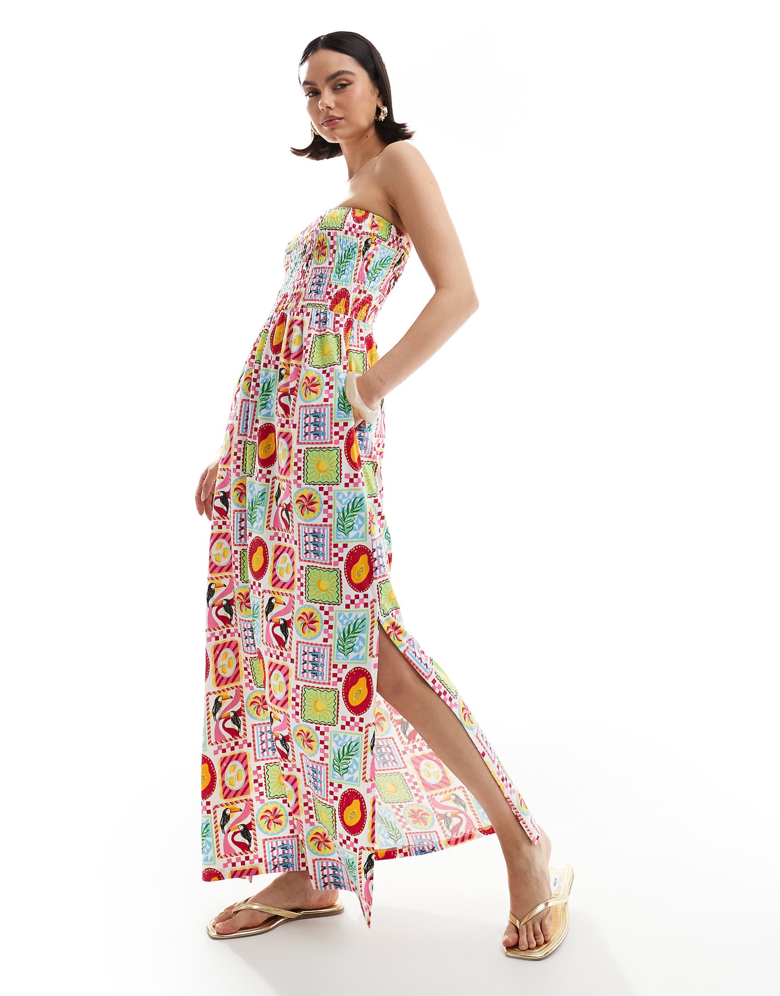Threadbare bandeau midi dress with shirred bust in postcard print 4690₽