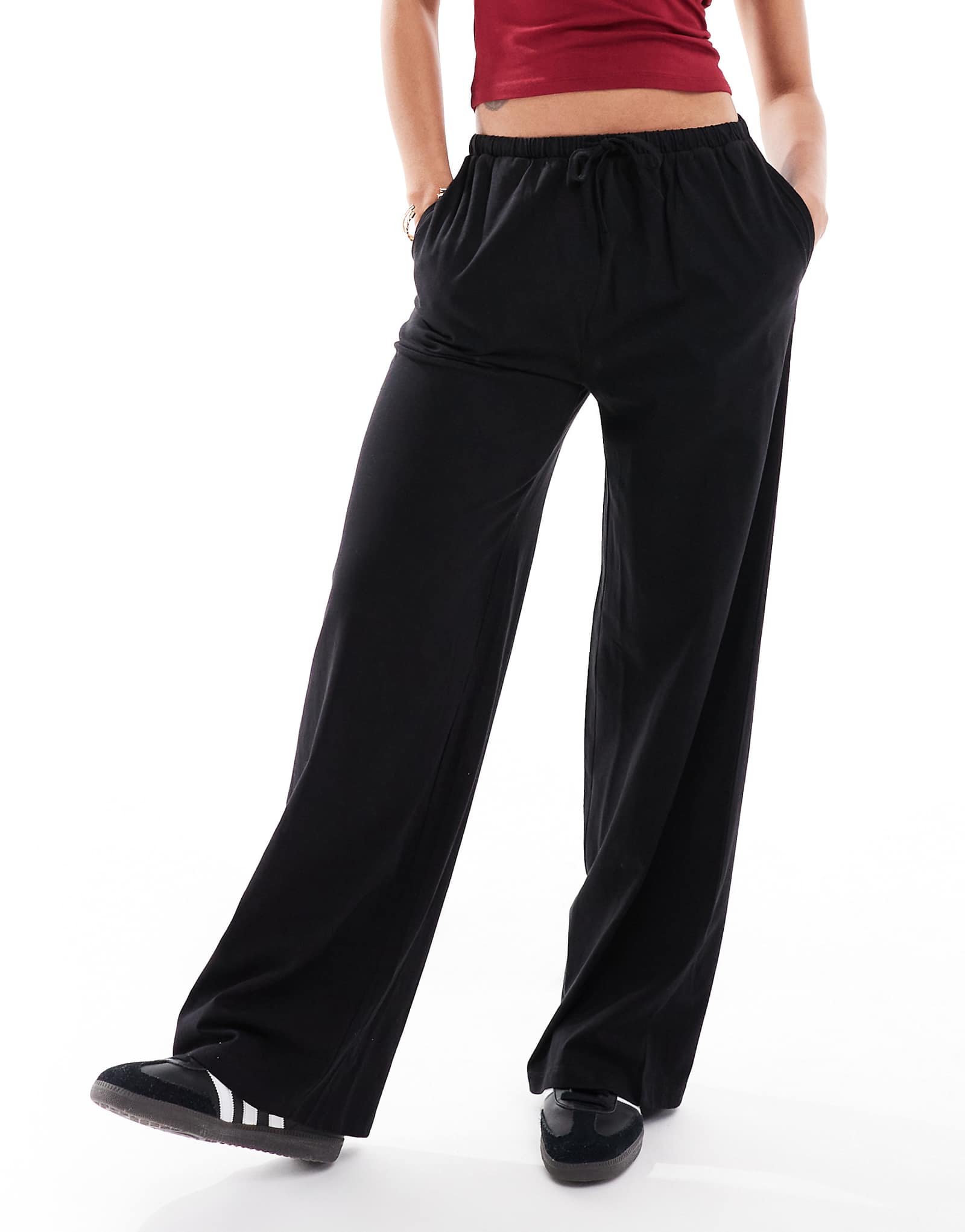 Threadbare straight leg jersey pants with tie waist in black 3890₽