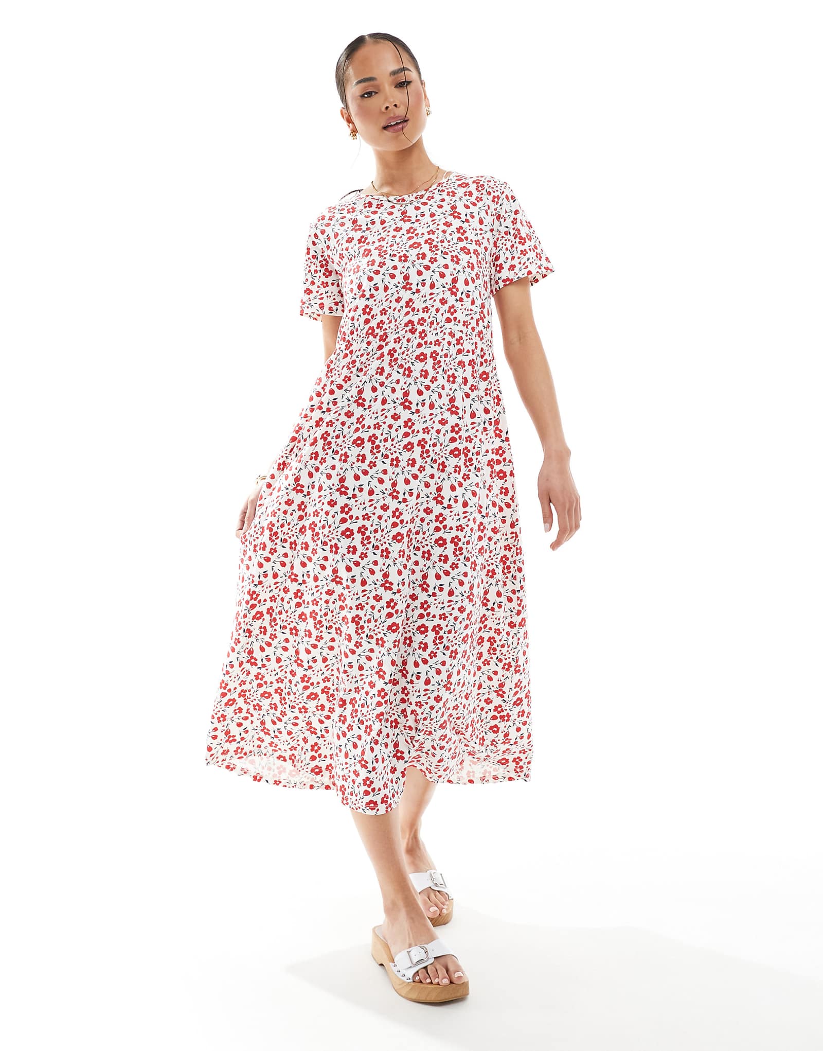 Threadbare short sleeve jersey midi dress with pockets in red floral print 6590₽