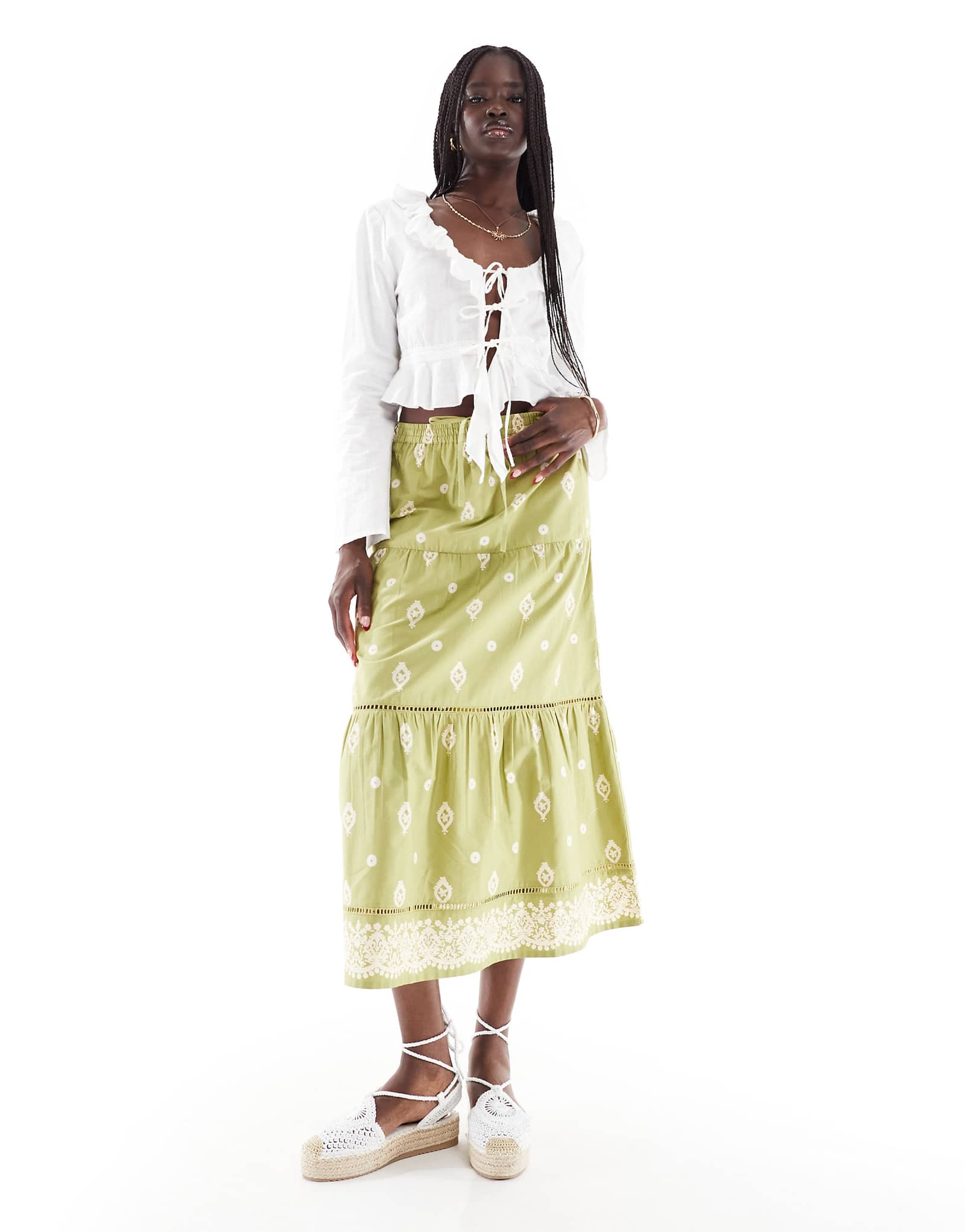 Wednesday's Girl tiered tie front midaxi skirt in green